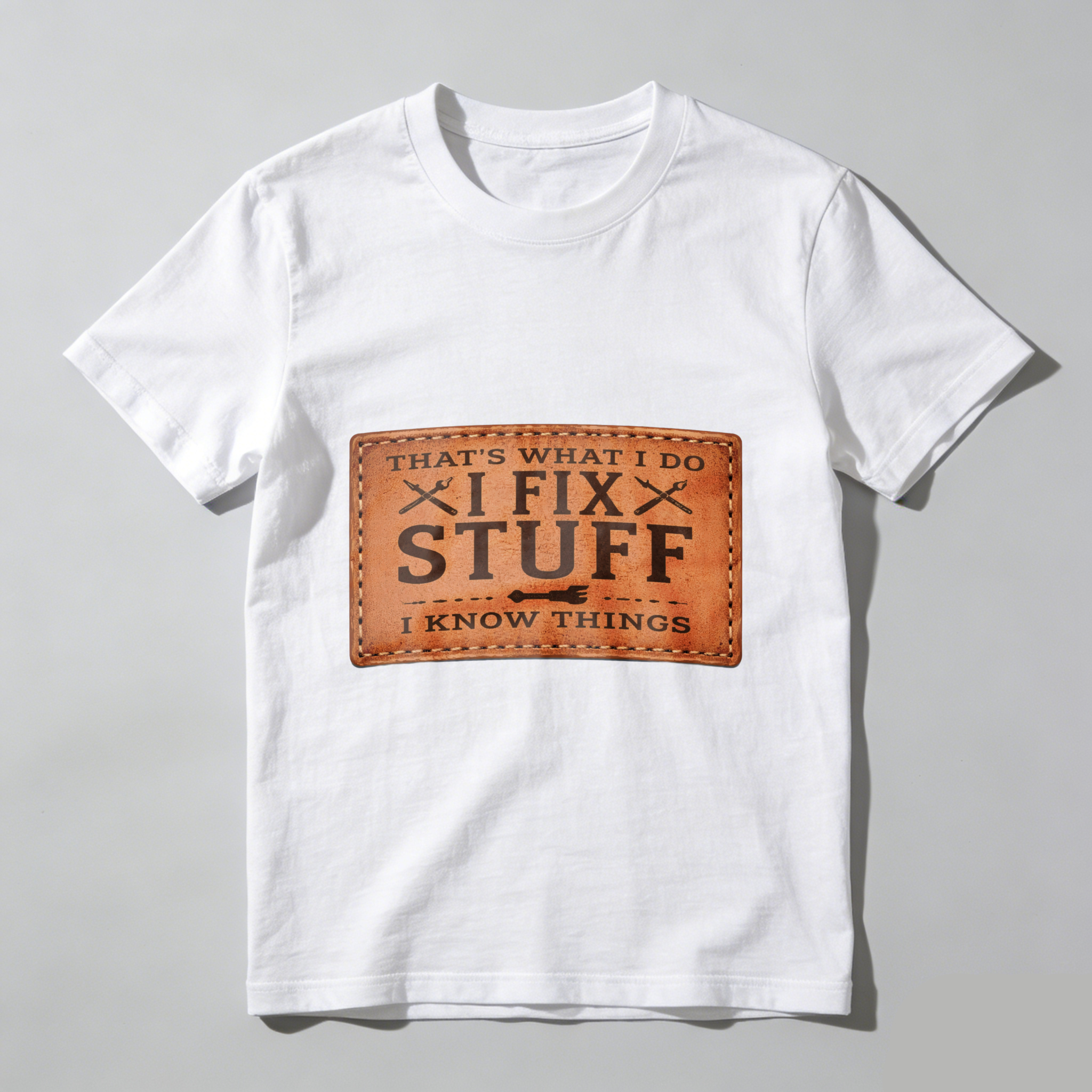 That's What I Do I Fix Stuff I Know Things T Shirt For Men And Women Funny Repair Technician Gift Leather Patch Design Black Cotton Shirt