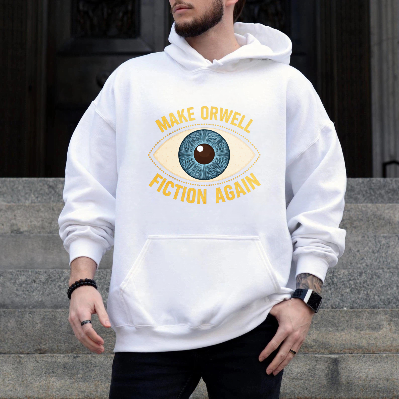TEECURENT Gildan Make Orwell Fiction Again Hoodie With Eye Graphic Black Sweatshirt For Men Women Unisex Casual Wear Book Lovers Gift