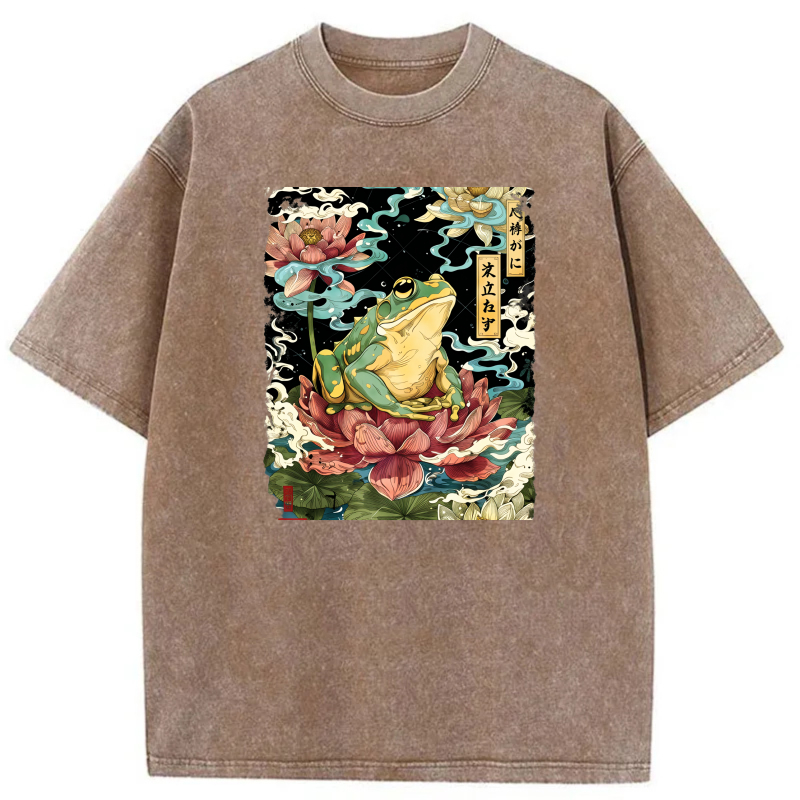Frog On Lotus Flower With Japanese Text tshirt 100% cotton