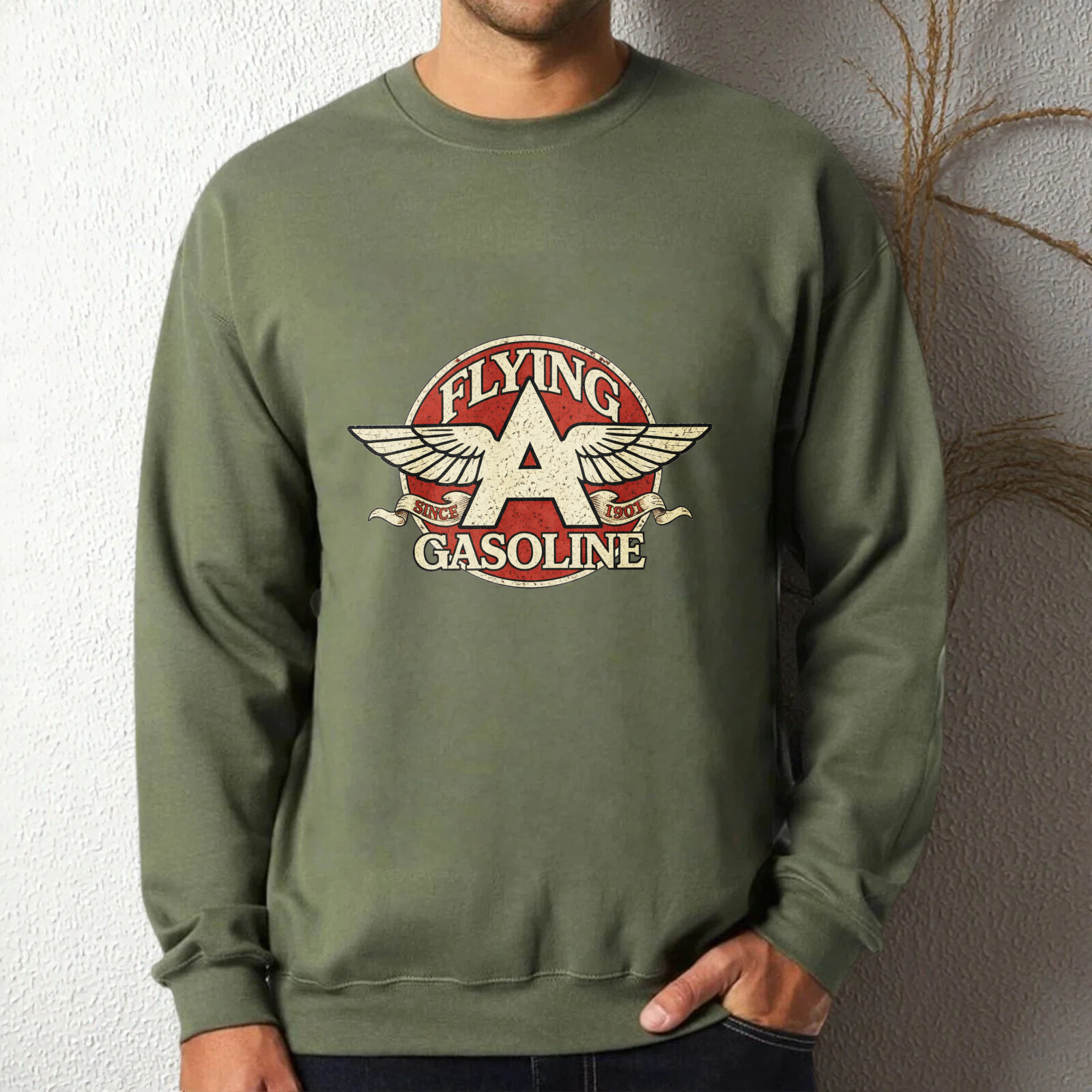 TEECURENT Flying A Gasoline Logo Sweatshirt Black Crewneck Pullover Vintage Aviator Design Men Women Unisex Casual Top