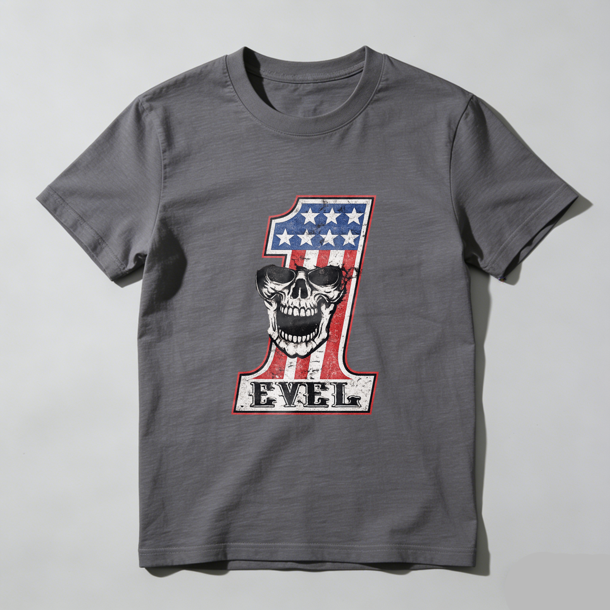 Level One American Flag Skull Design Black T-Shirt Made In Usa