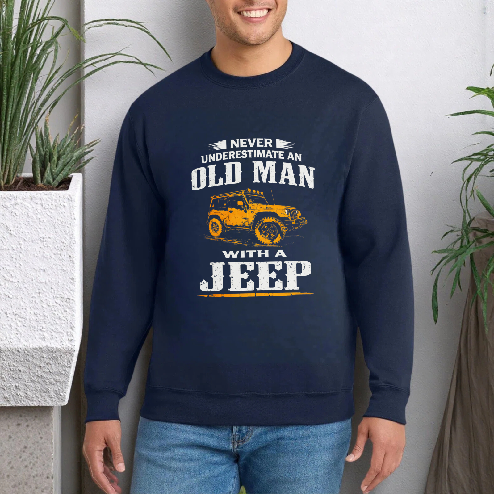 TEECURENT Never Underestimate An Old Man With A Jeep Sweatshirt For Men And Women Unisex Crewneck Pullover Long Sleeve Casual Top
