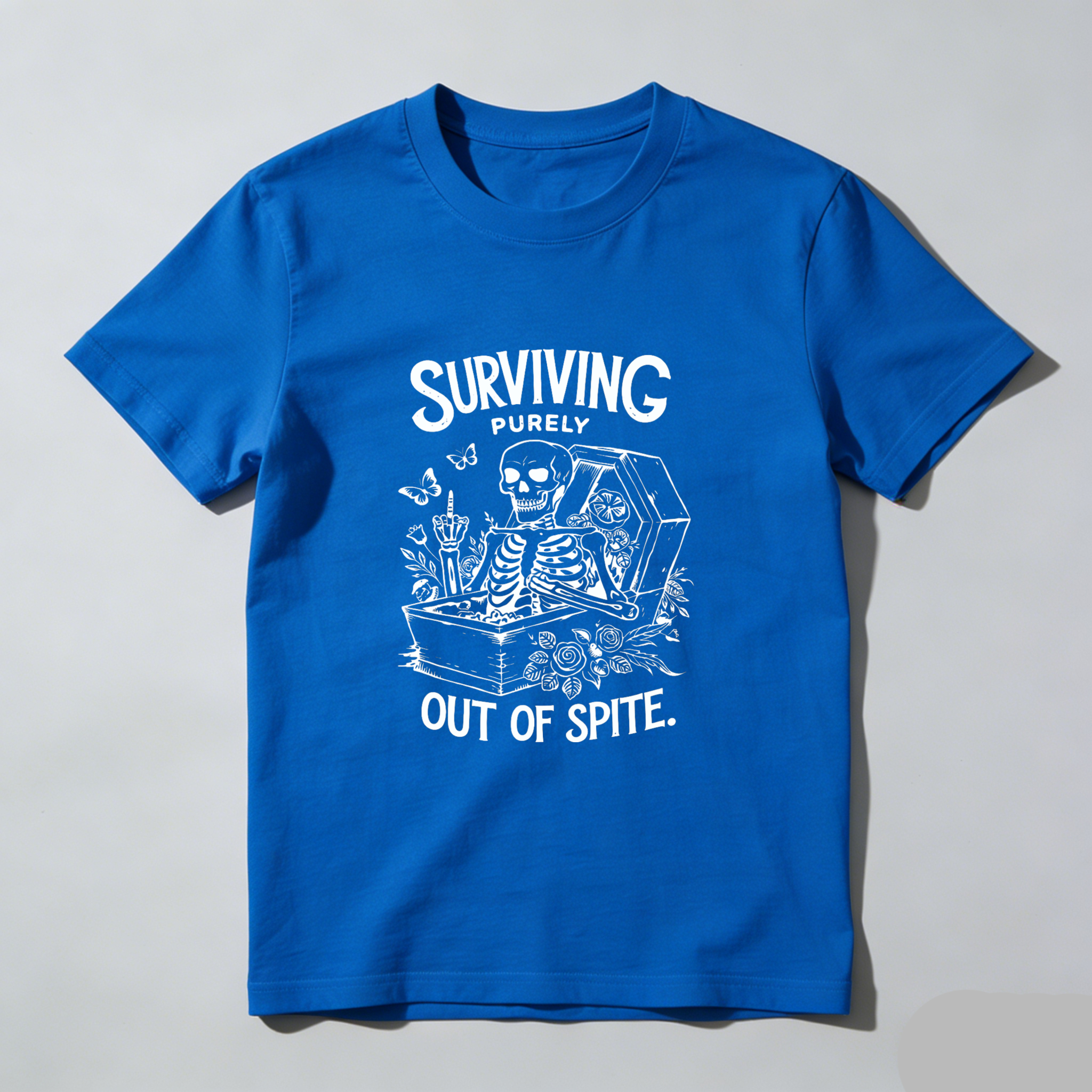 TEECURENT Surviving Purely Out Of Spite Skeleton In Coffin Graphic T-Shirt WOMEN