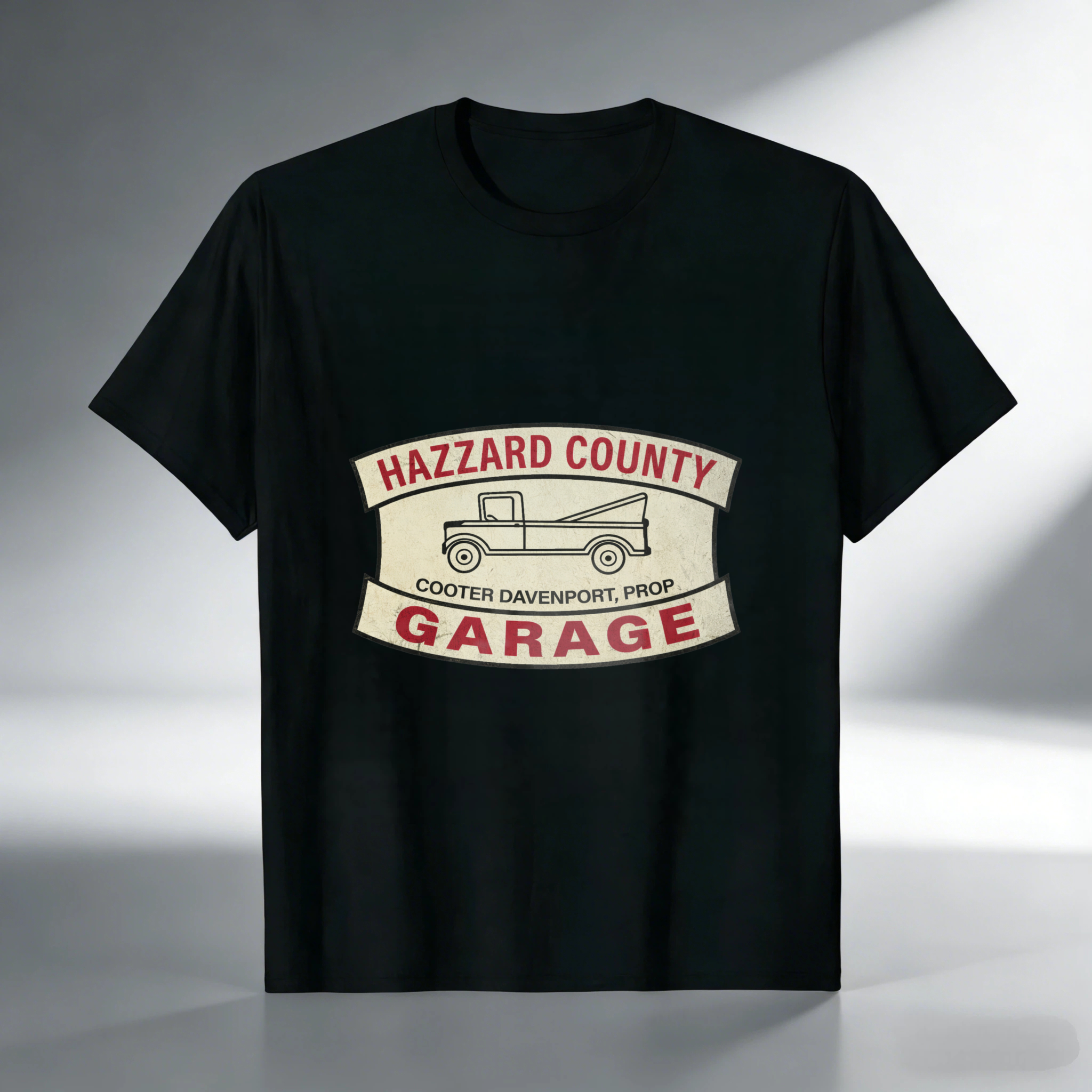 Hazzard County Garage T Shirt Cooter Davenport Prop Classic Truck Design Black Cotton Tee