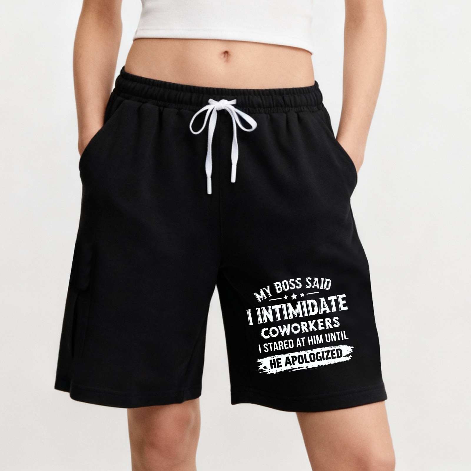 TEECURENT My Boss Said I Intimidate Coworkers I Stared At Him Until He Apologized Men's Black Shorts With Drawstring Comfortable Casual Sportswear For Everyday Wear
