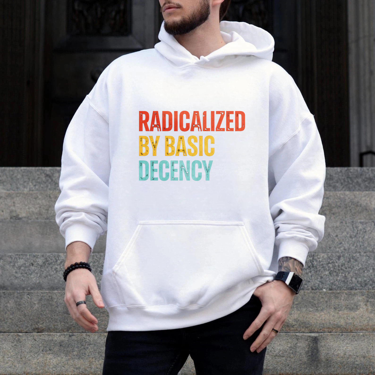 TEECURENT Gildan Radicalized By Basic Decency Hoodie Sweatshirt Black Unisex Casual Wear Statement Graphic Pullover Coat