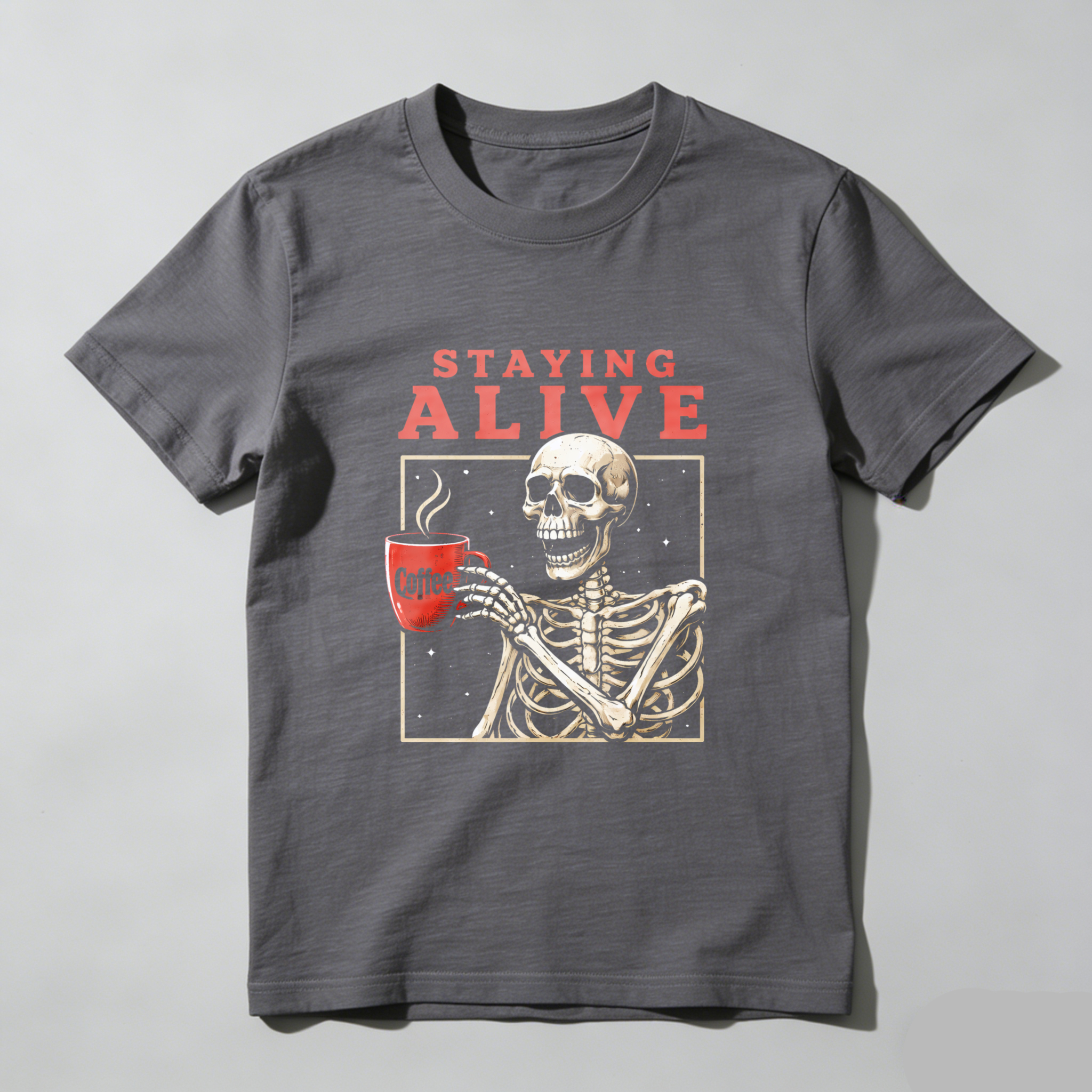 TEECURENT Staying Alive Skeleton Coffee Mug T-Shirt Funny Halloween Gift For Coffee Lovers WOMEN