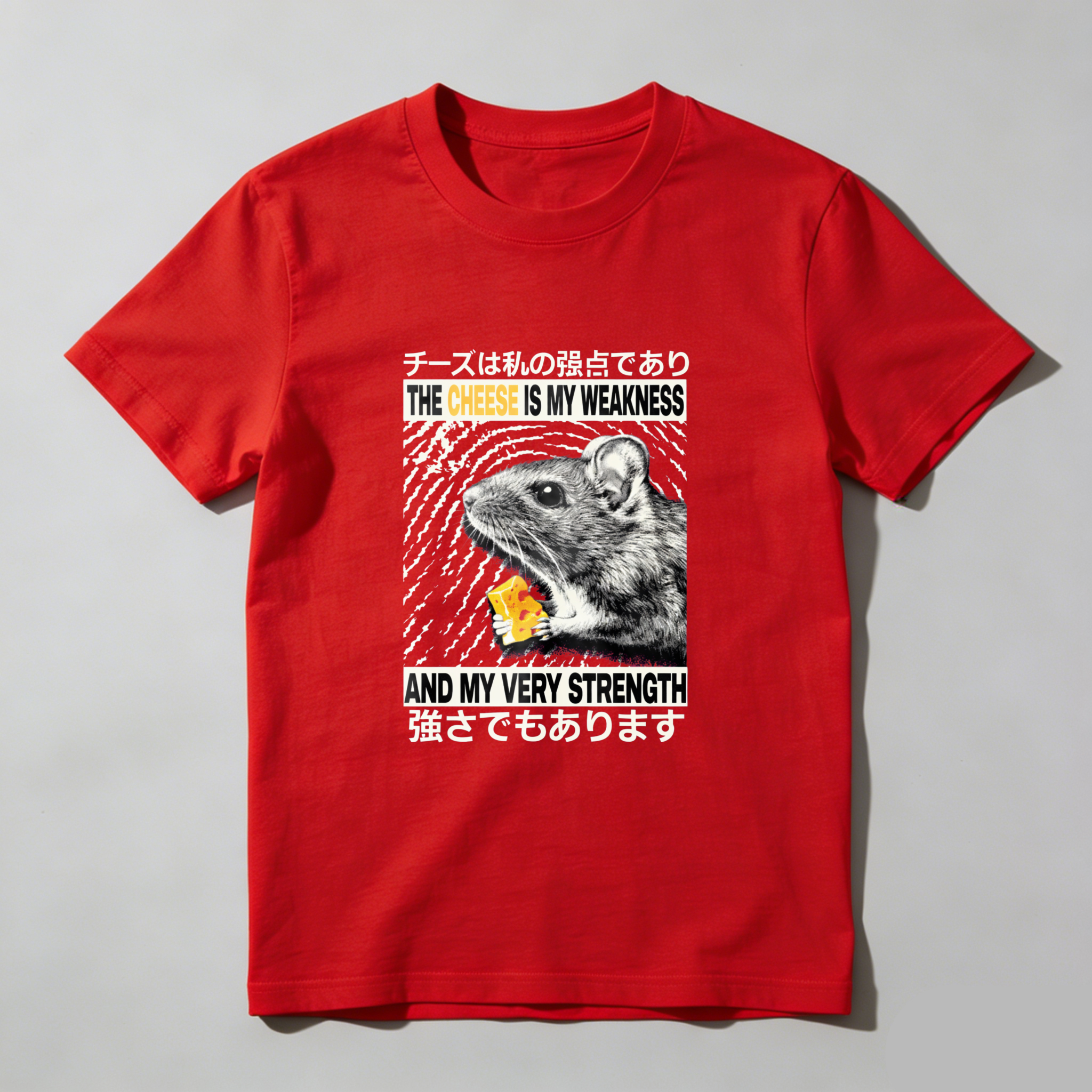 The Cheese Is My Weakness And My Very Strength Mouse T-Shirt With Japanese Text And Graphic Design