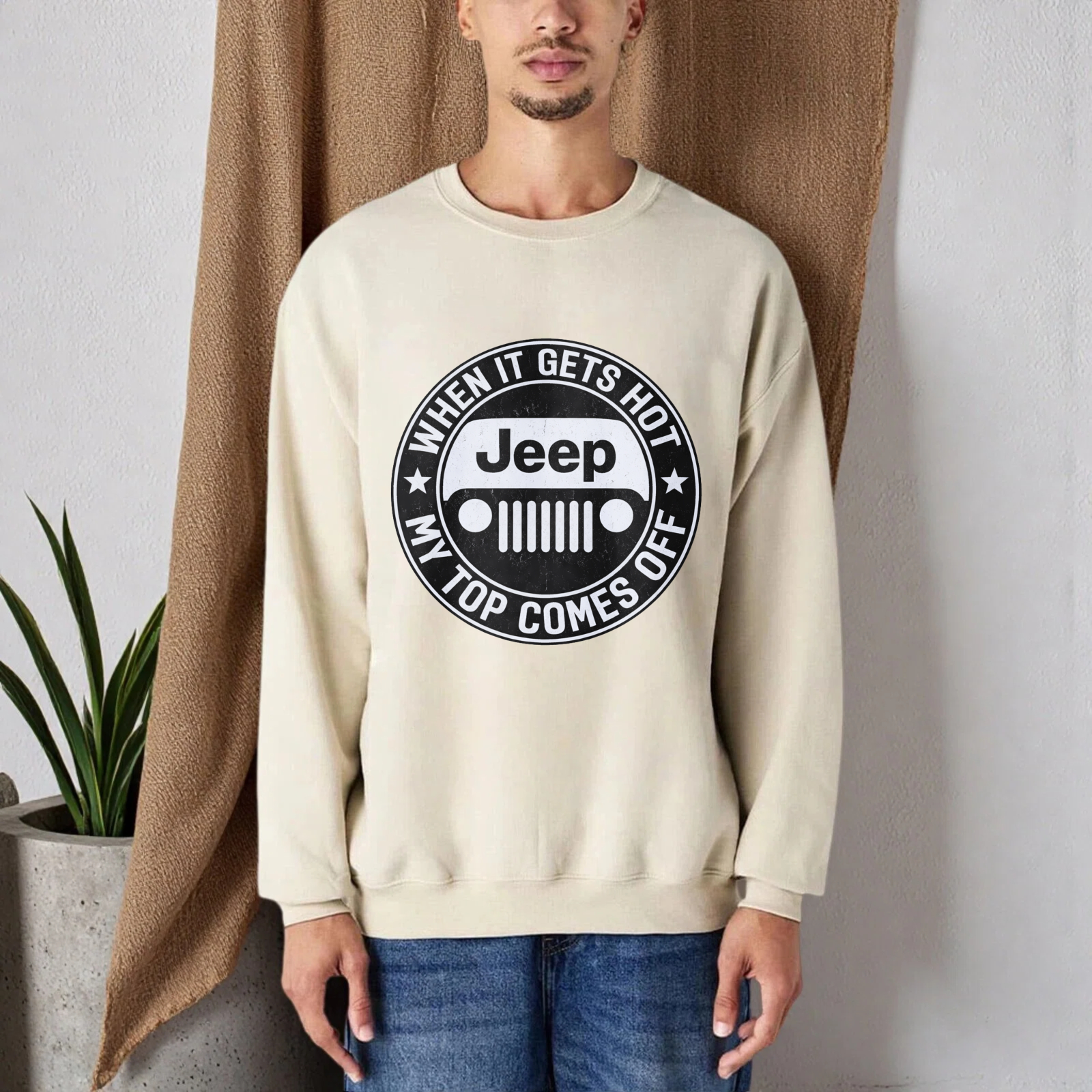 TEECURENT When It Gets Hot My Top Comes Off Jeep Sweatshirt Unisex Crewneck Pullover Long Sleeve Graphic Sweatshirt For Men Women Casual Streetwear Fashion Apparel