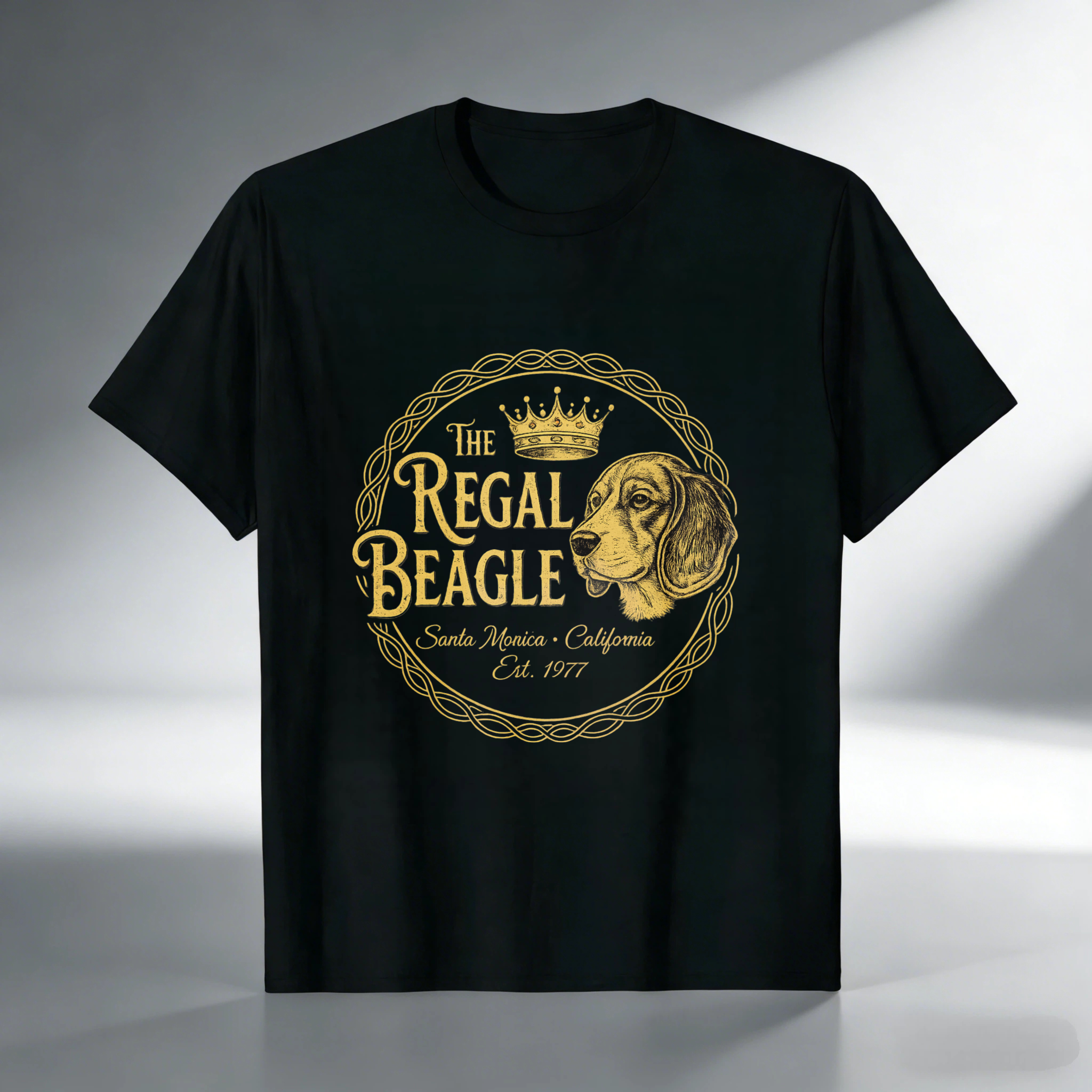 TEECURENT The Regal Beagle Dog T-Shirt Santa Monica California Established 1977 Vintage Canine Graphic Tee Black Gold Design