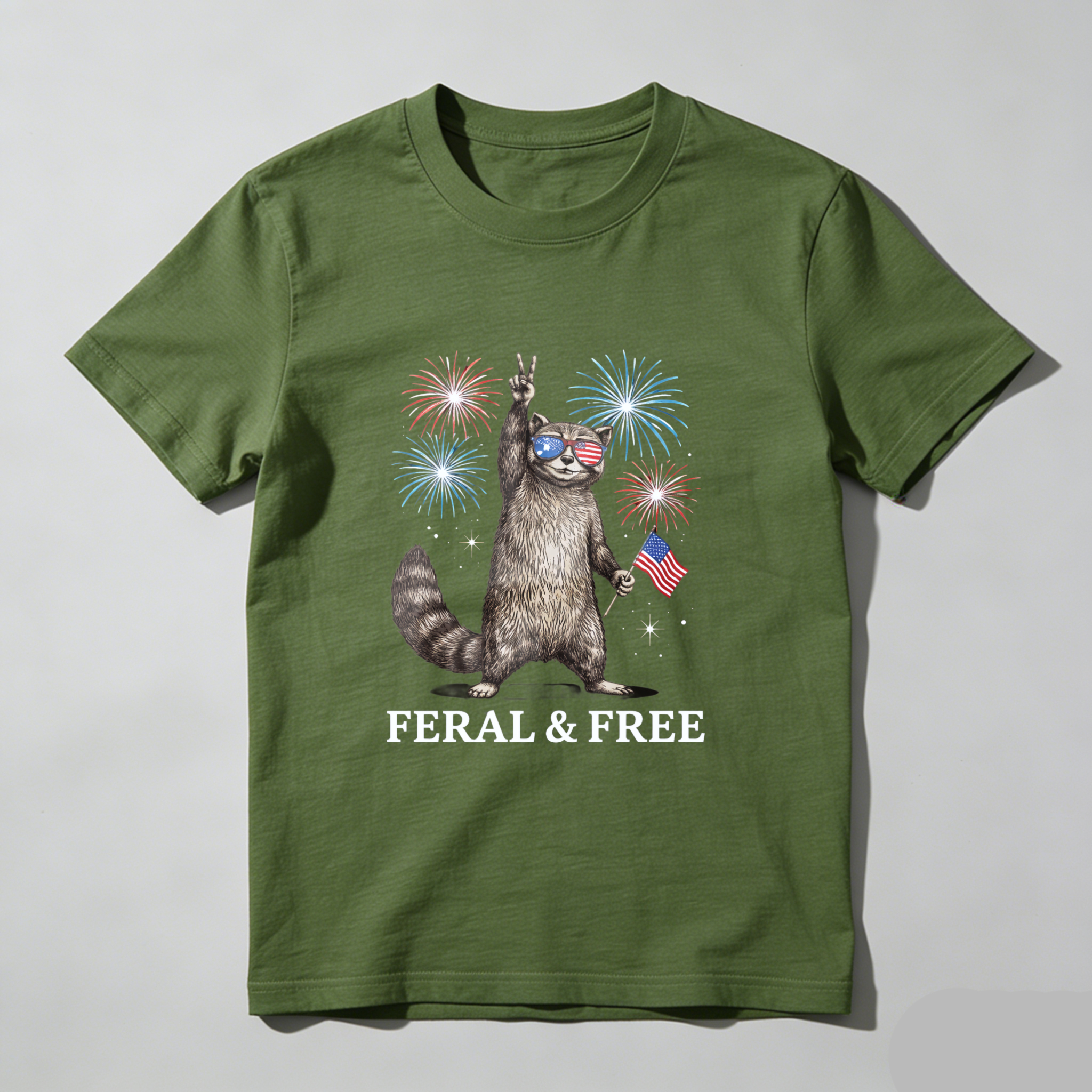 TEECURENT Feral And Free Cat With American Flag And Fireworks T Shirt WOMEN