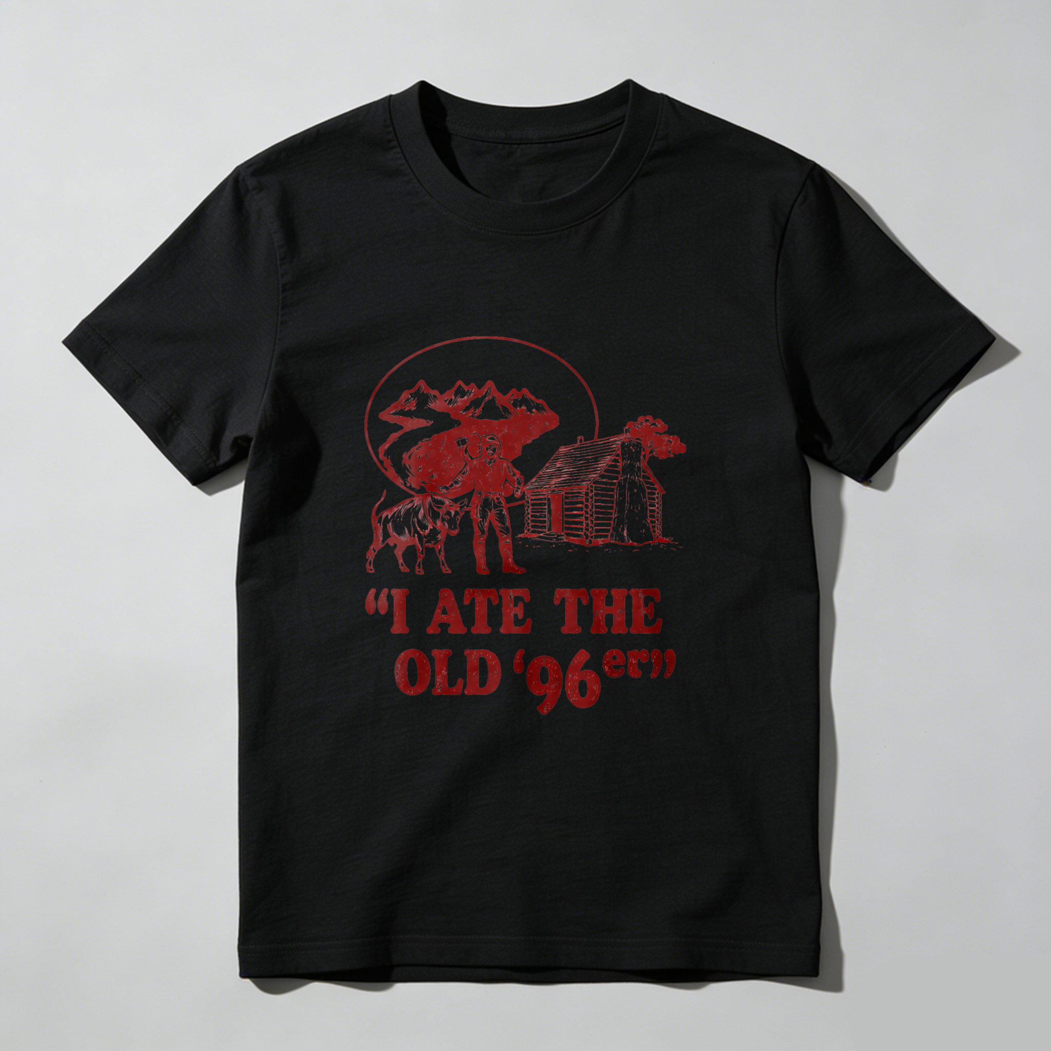 TEECURENT I Ate The Old 96er Black T Shirt With Red Mountain Cabin And Bear Design