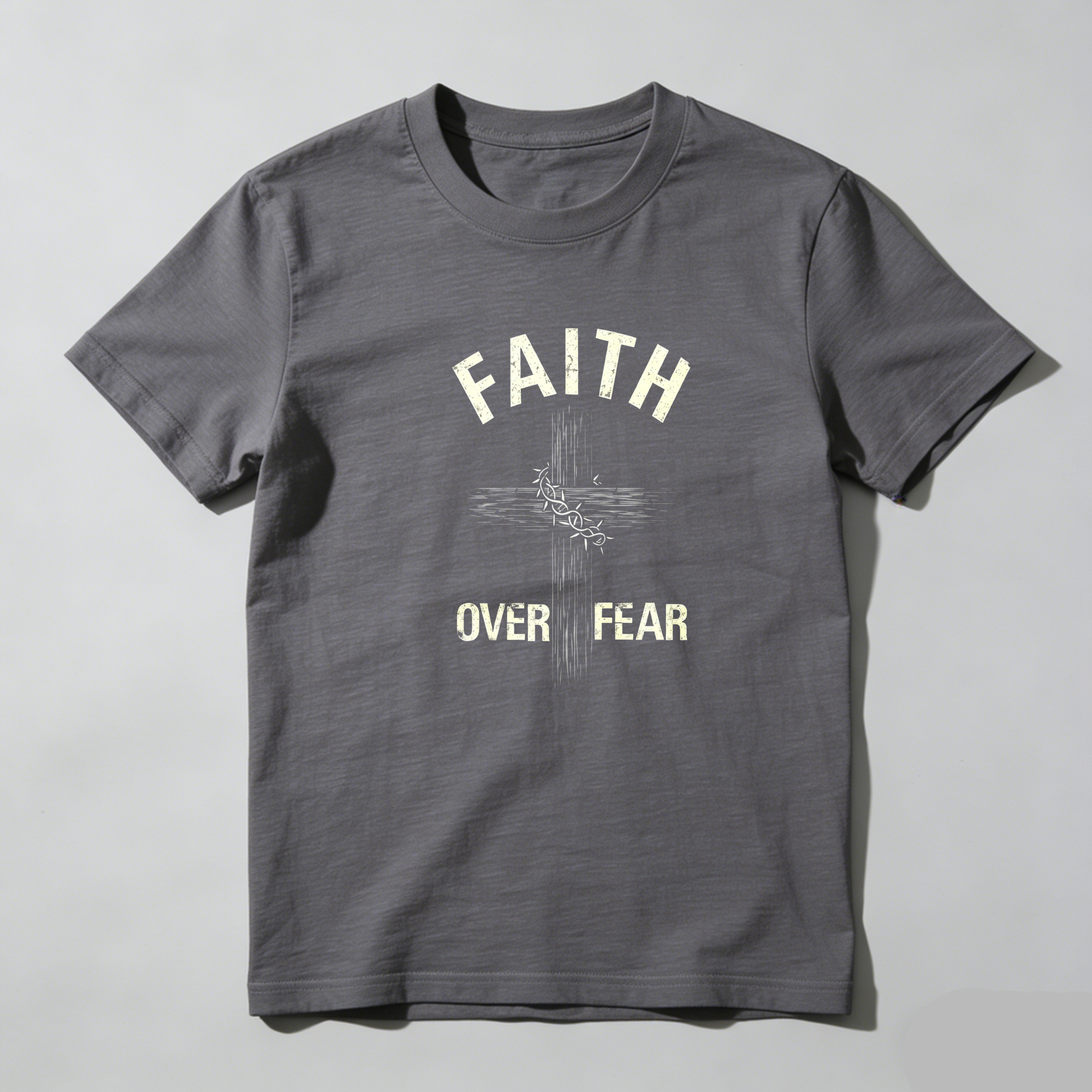 TEECURENT Faith Over Fear Cross Design Pure Cotton Short Sleeve T Shirt-TeeCurent