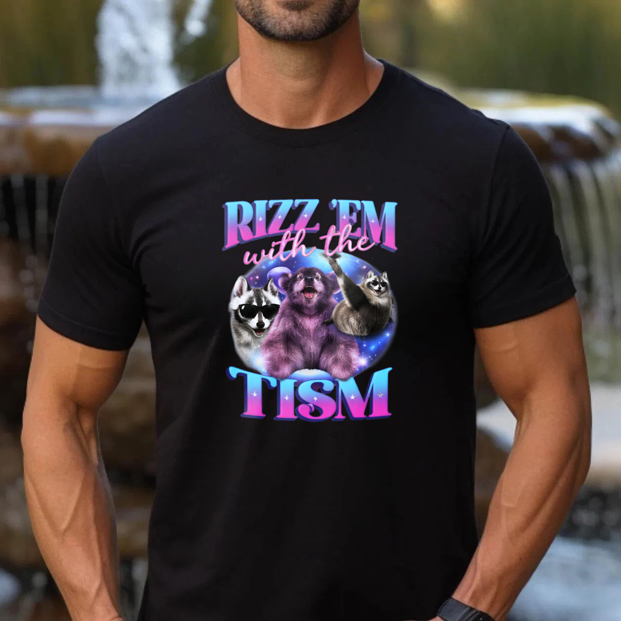 Rizz Em With The Tism Funny Animal Shirt Galaxy Design Black T-Shirt
