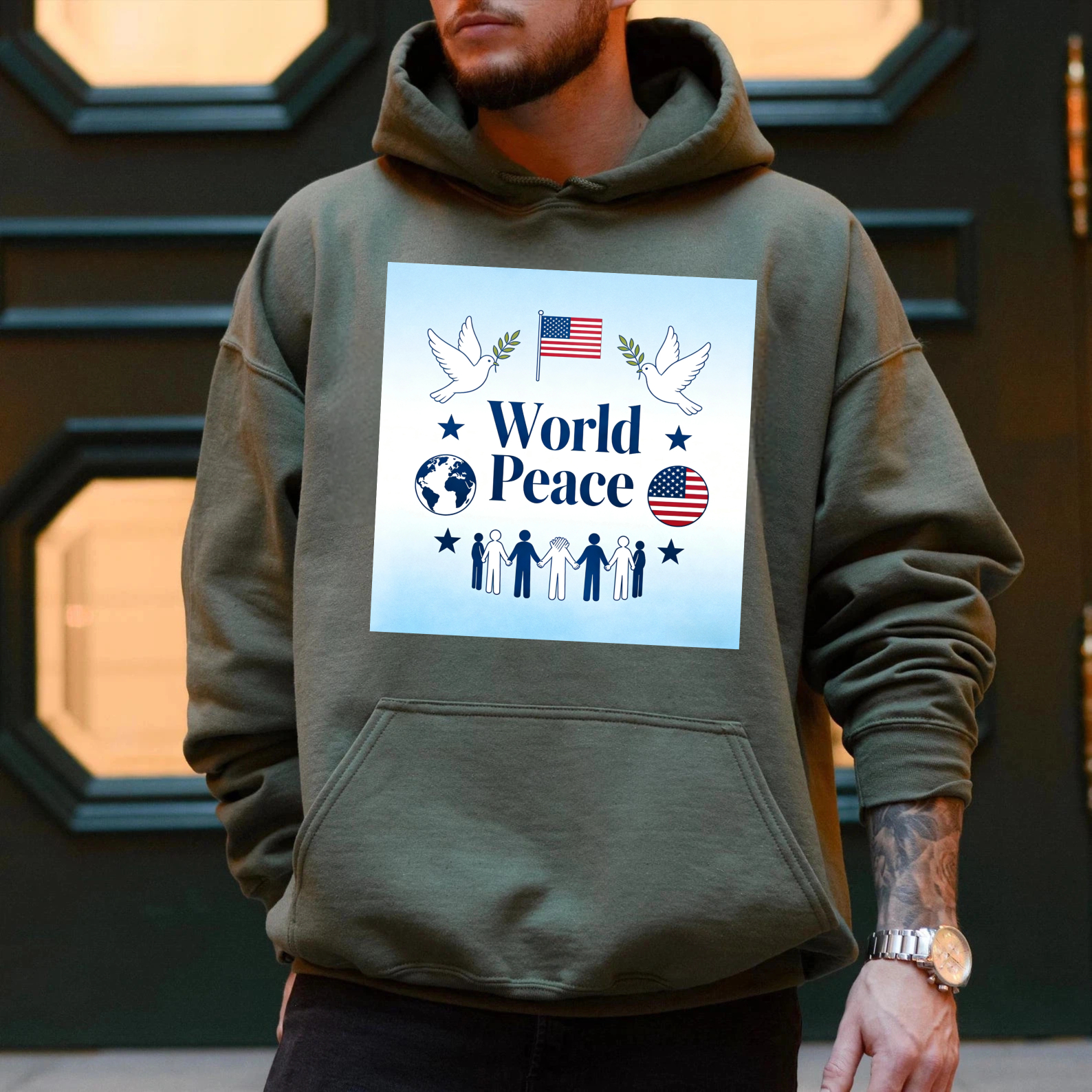 TEECURENT World Peace Usa Flag Dove And Globe Design Hoodie For Men Women Unisex Sweatshirt With American Patriotism And Unity Theme