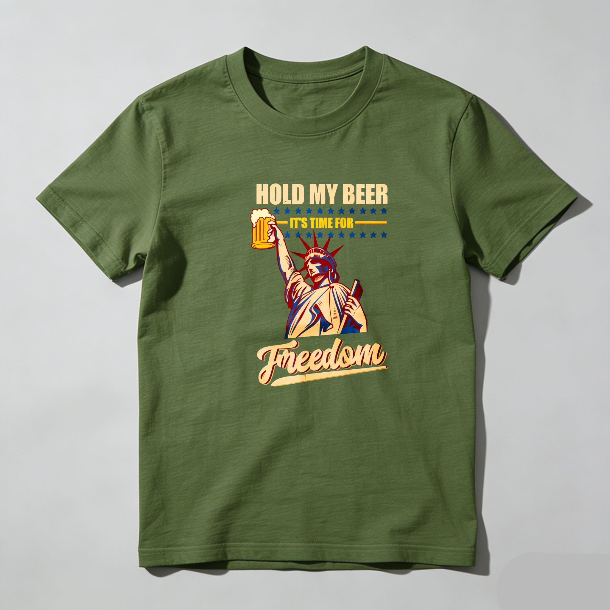 TEECURENT Hold My Beer Freedom Statue Pure Cotton Short Sleeve T-Shirt-TeeCurent