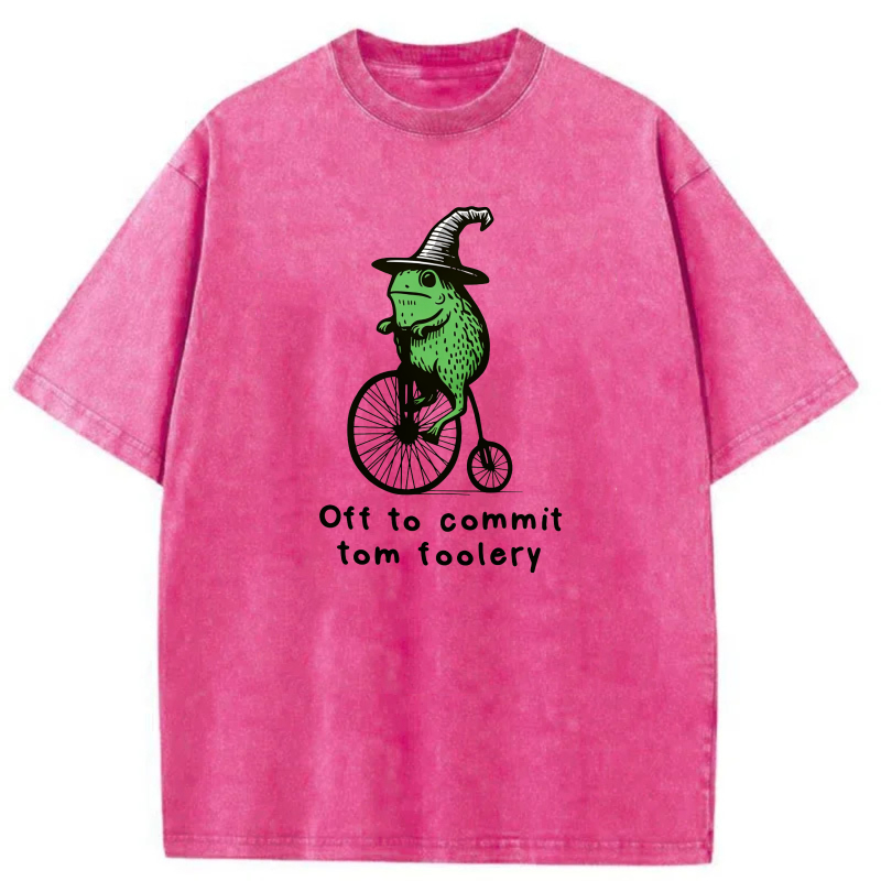 Frog On Bicycle Wearing Hat   Off To Commit Tom Foolery tshirt 100% cotton