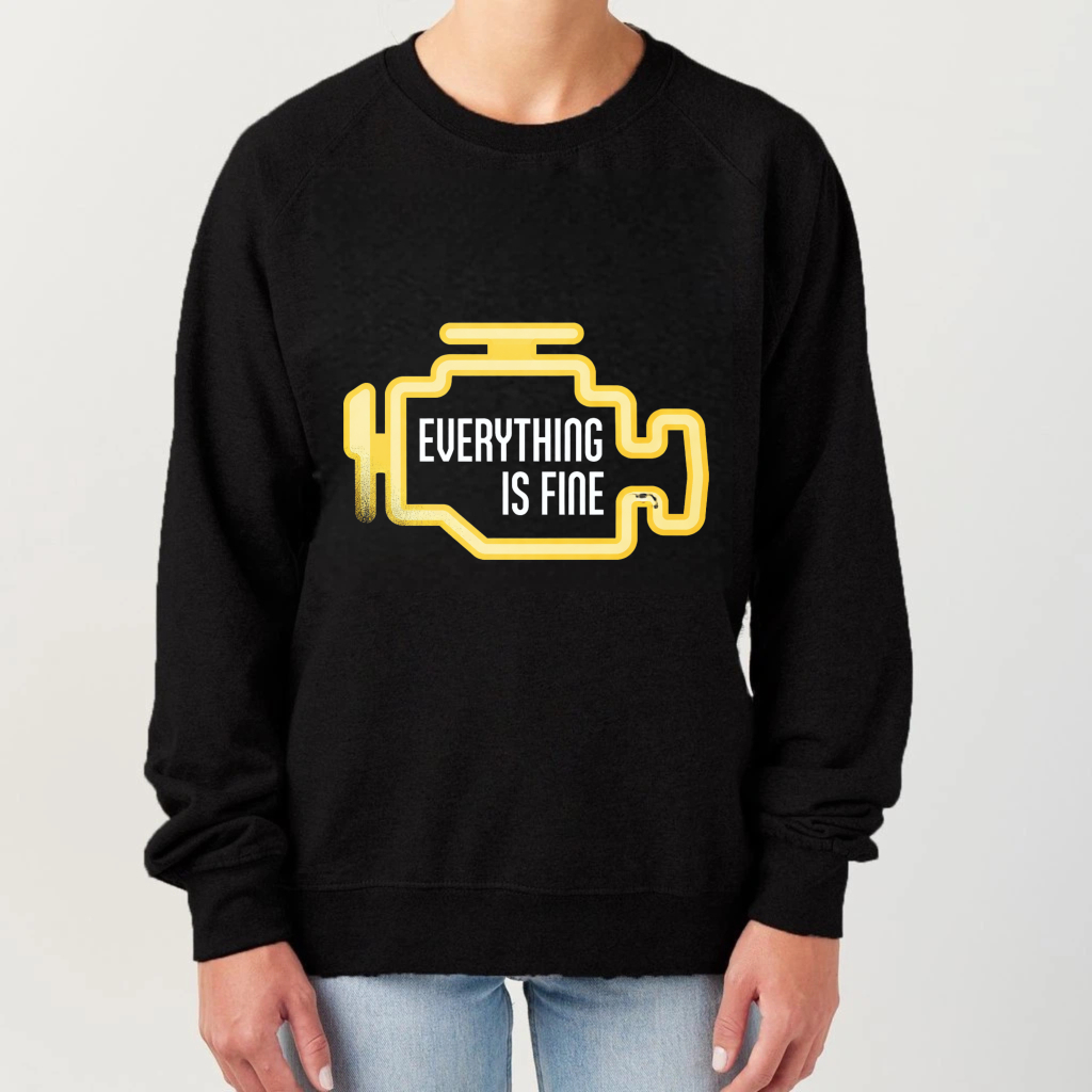 TEECURENT Everything Is Fine Sweatshirt Black With Yellow Graphic Design Casual Crewneck Pullover For Men Women Unisex Fashion Statement Top