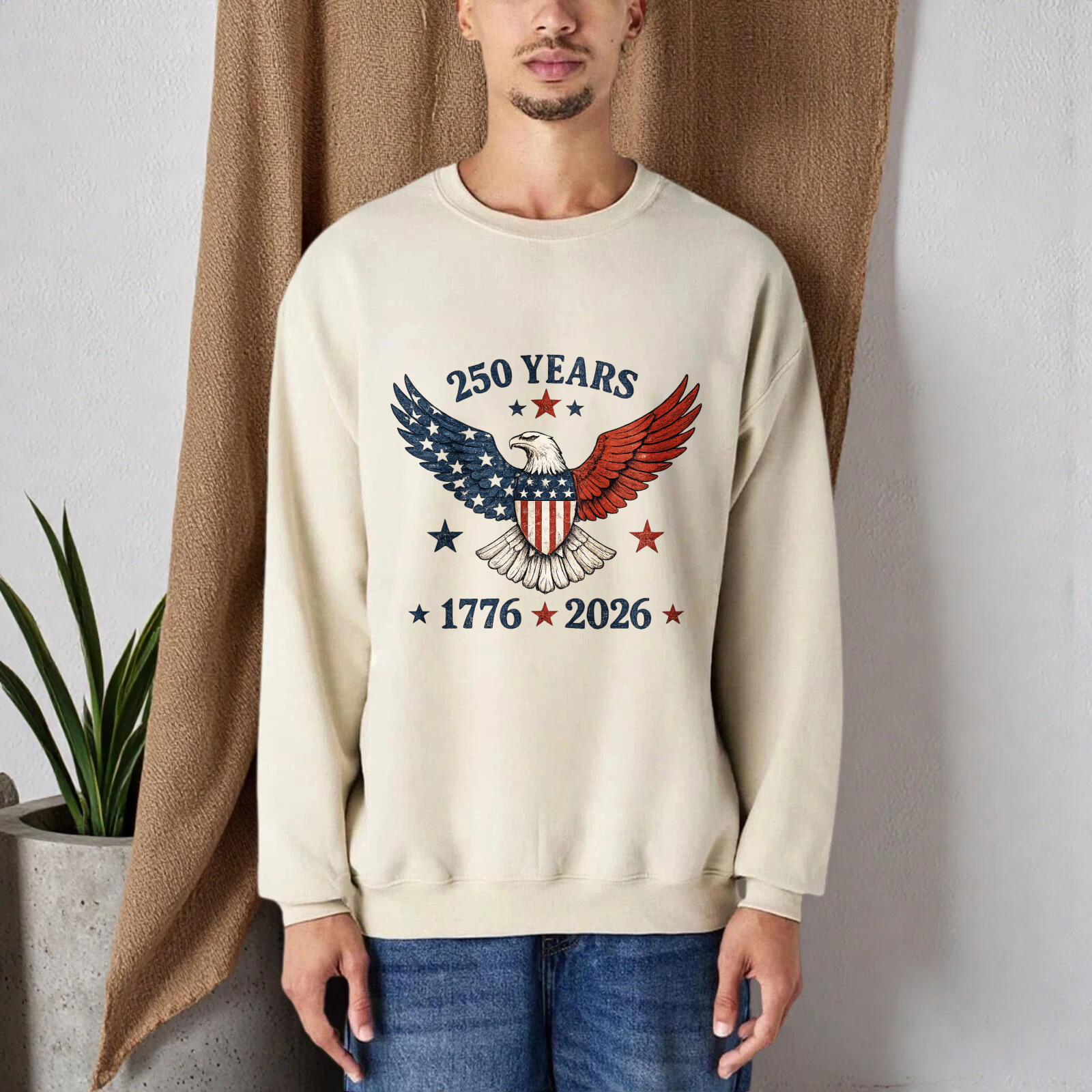 Two Years American Eagle Patriotic Sweatshirt 1776 2026 Independence Day Usa Flag Design Crewneck Pullover Black