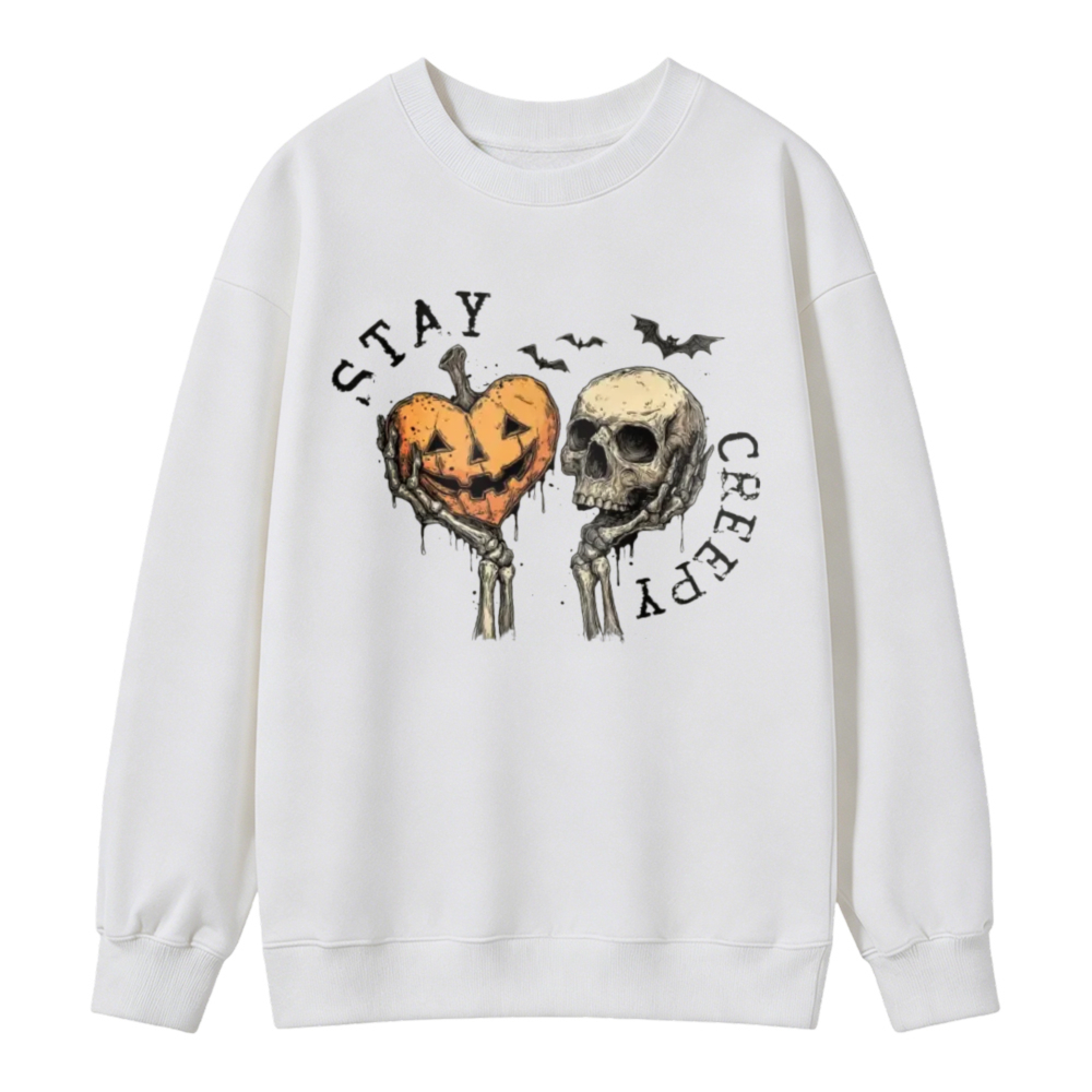 Halloween Pumpkin Skull Skeleton Hand Heart Stay Creepy Graphic Sweatshirt