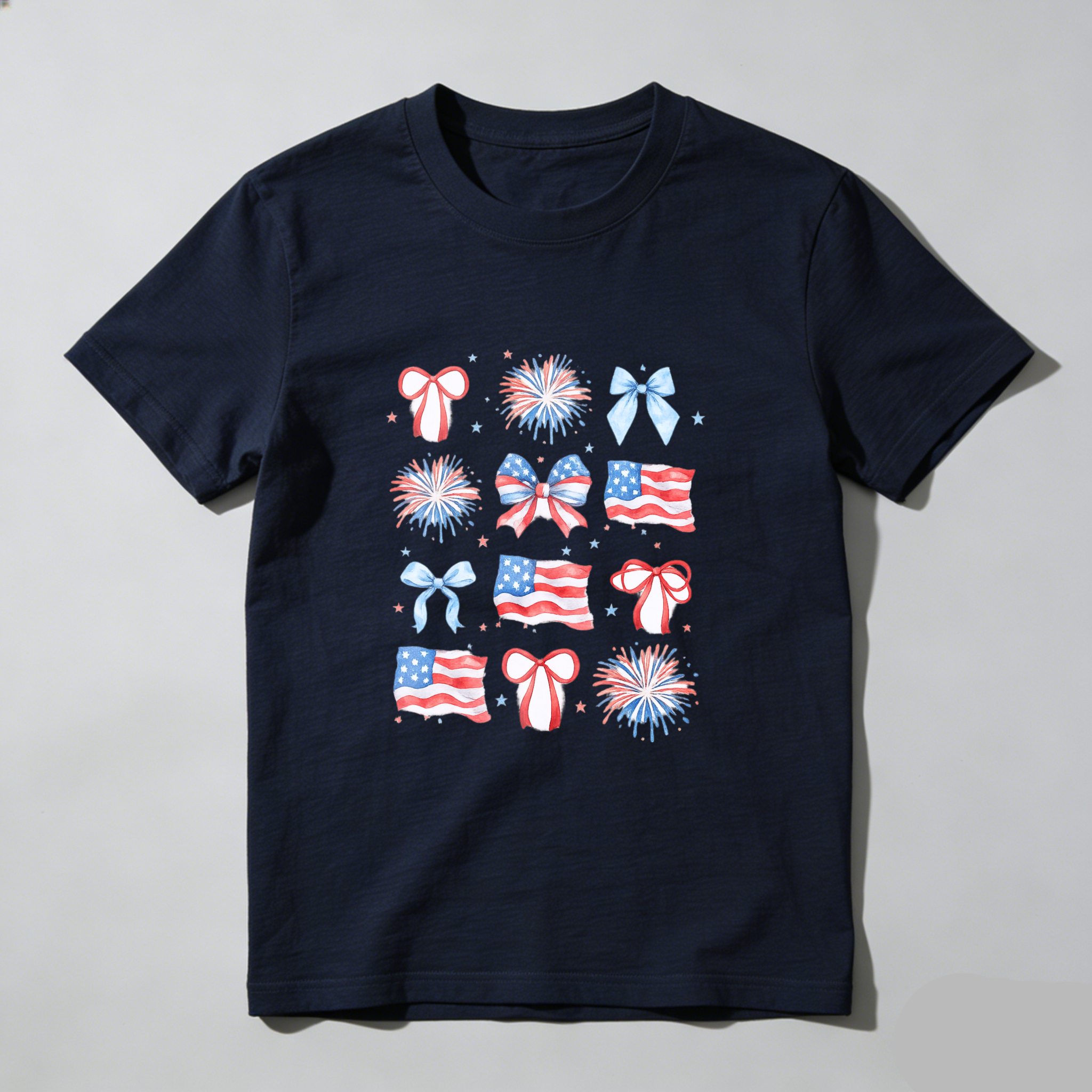 TEECURENT Patriotic American Flag Fireworks Bows And Stars Fourth Of July Independence Day Celebration T Shirt WOMEN