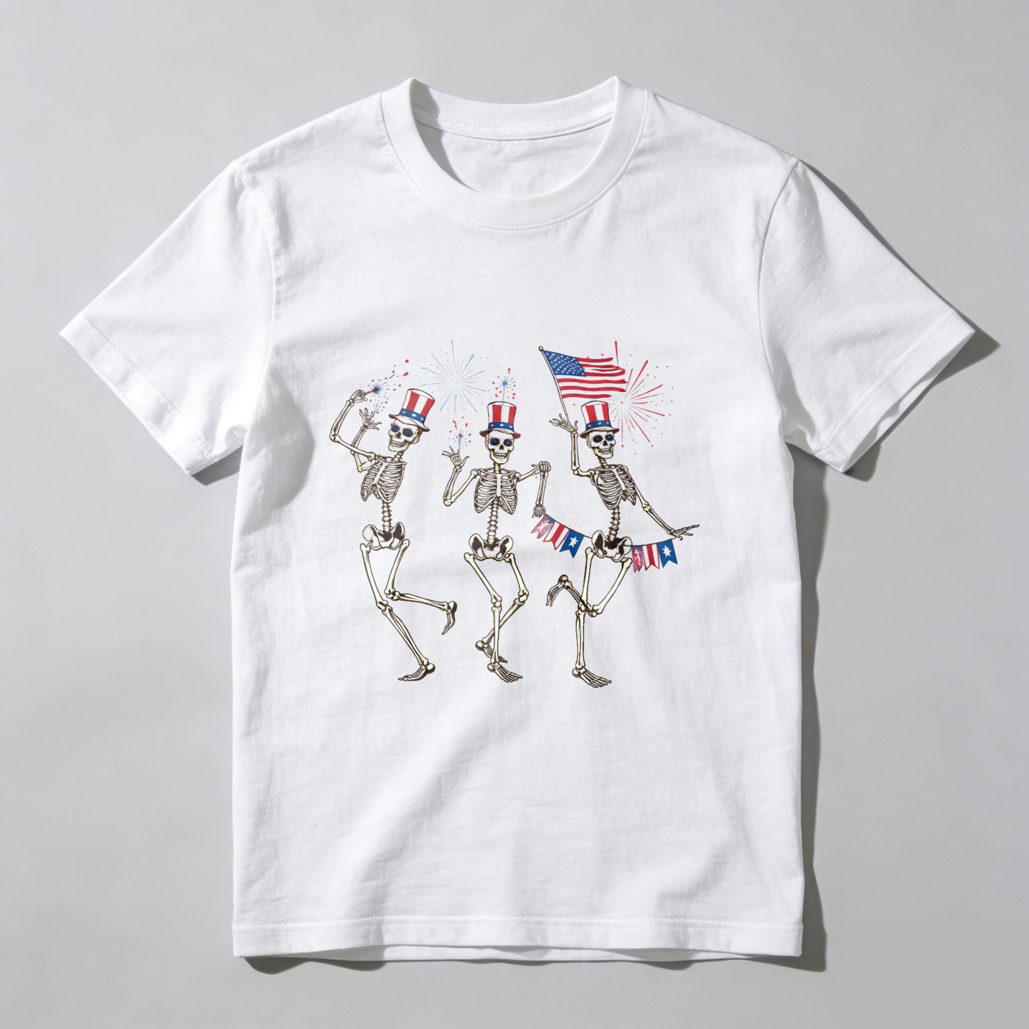 TEECURENT Skeletons Dancing With American Flag And Fireworks Independence Day Patriotic T Shirt WOMEN
