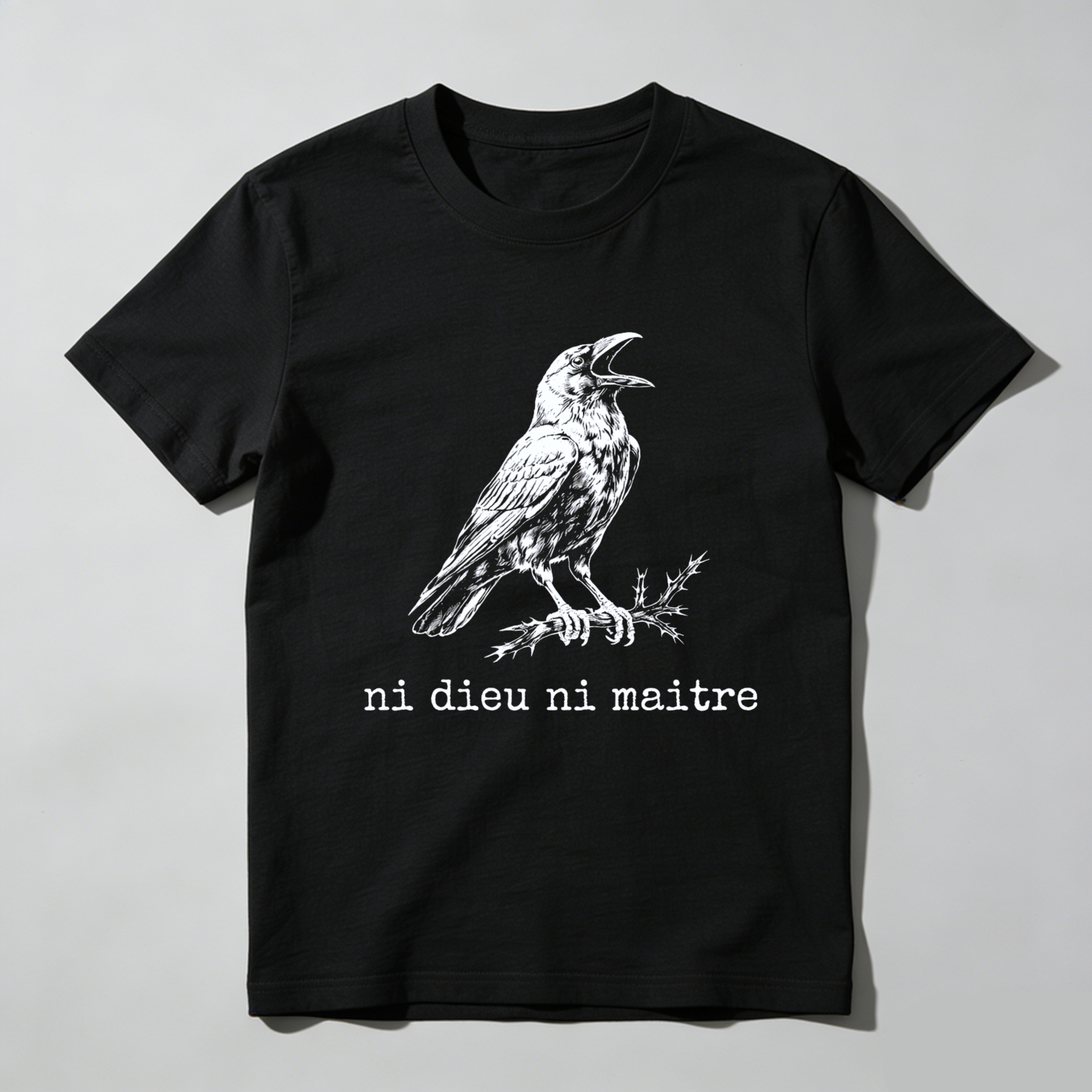 TEECURENTBlack T Shirt With Raven And Ni Dieu Ni Maitre Text For Men And Women-TeeCurent