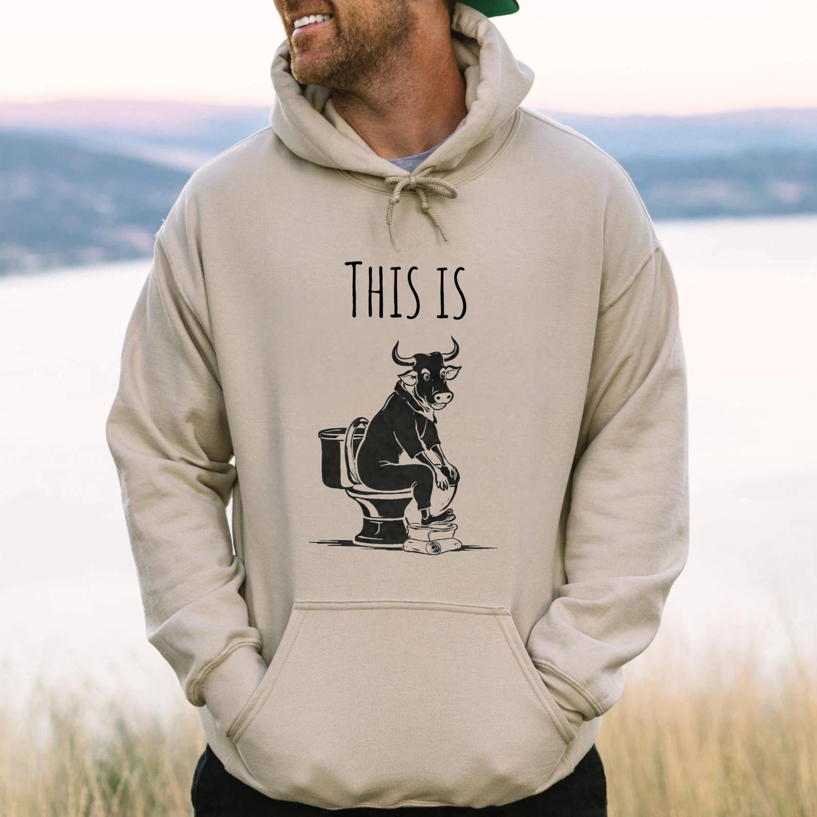 TEECURENT Gildan This Is Bull Cow On Toilet Humor Sweatshirt Hoodie Funny Animal Graphic Pullover Unisex Casual Wear