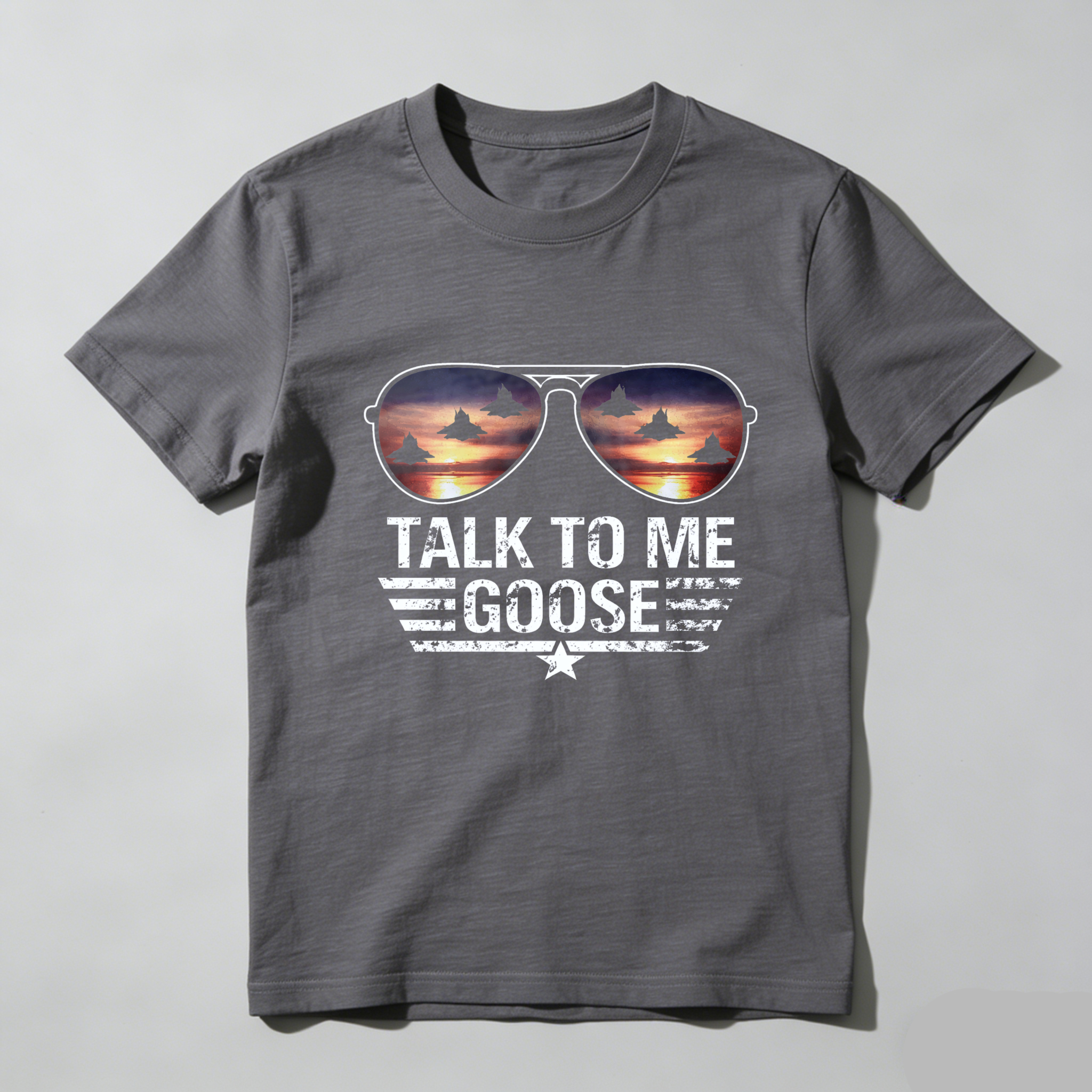 TEECURENT Talk To Me Goose Aviator Sunglasses T-Shirt Top With Jet Fighters Sunset Design For Men And Women