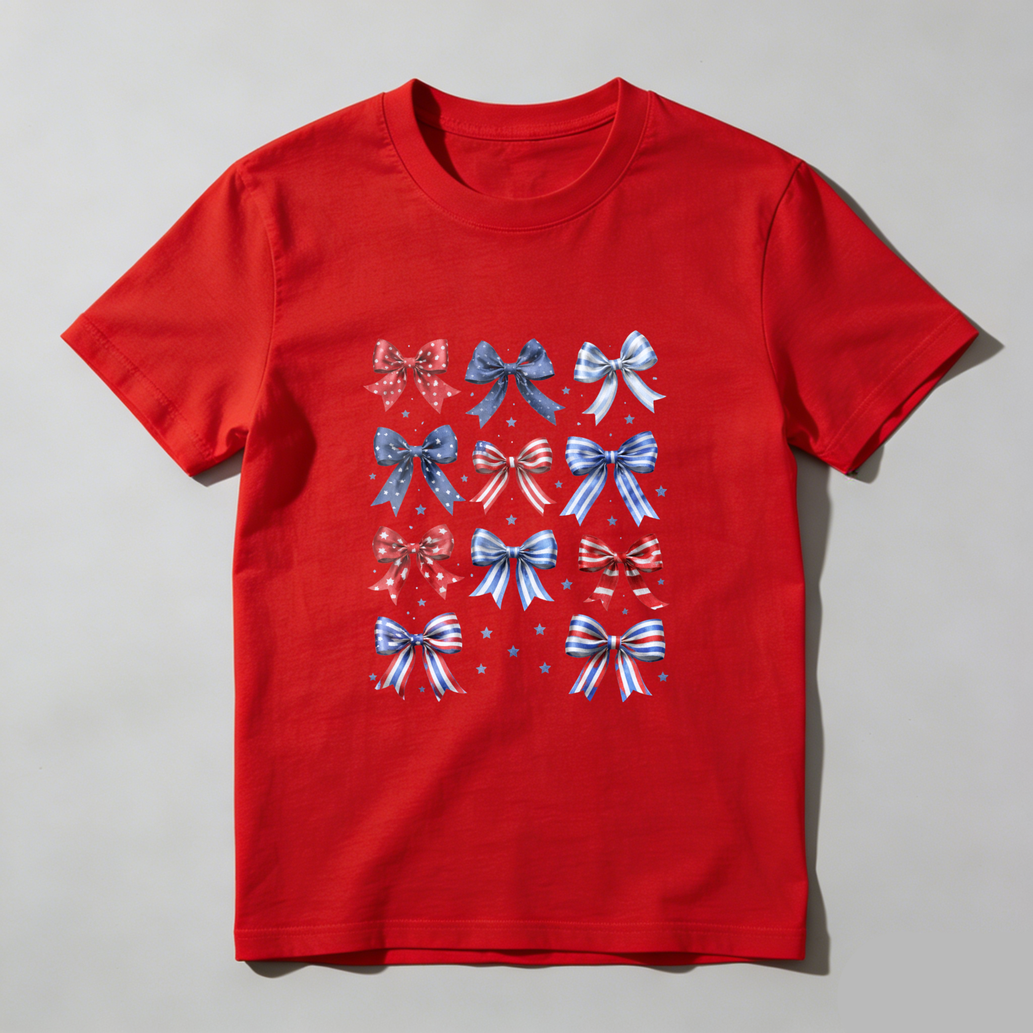 TEECURENT Patriotic Bow Pattern T-Shirt Red White And Blue Stars Design American Flag Inspired Casual Top WOMEN