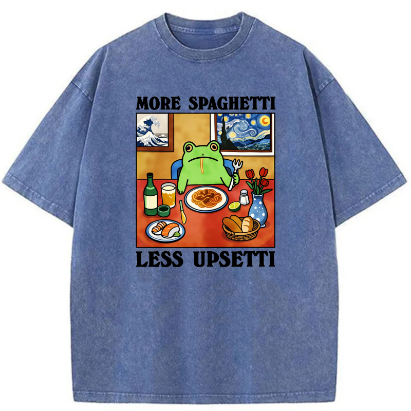 Frog Eating Spaghetti At Table With Art tshirt 100% cotton