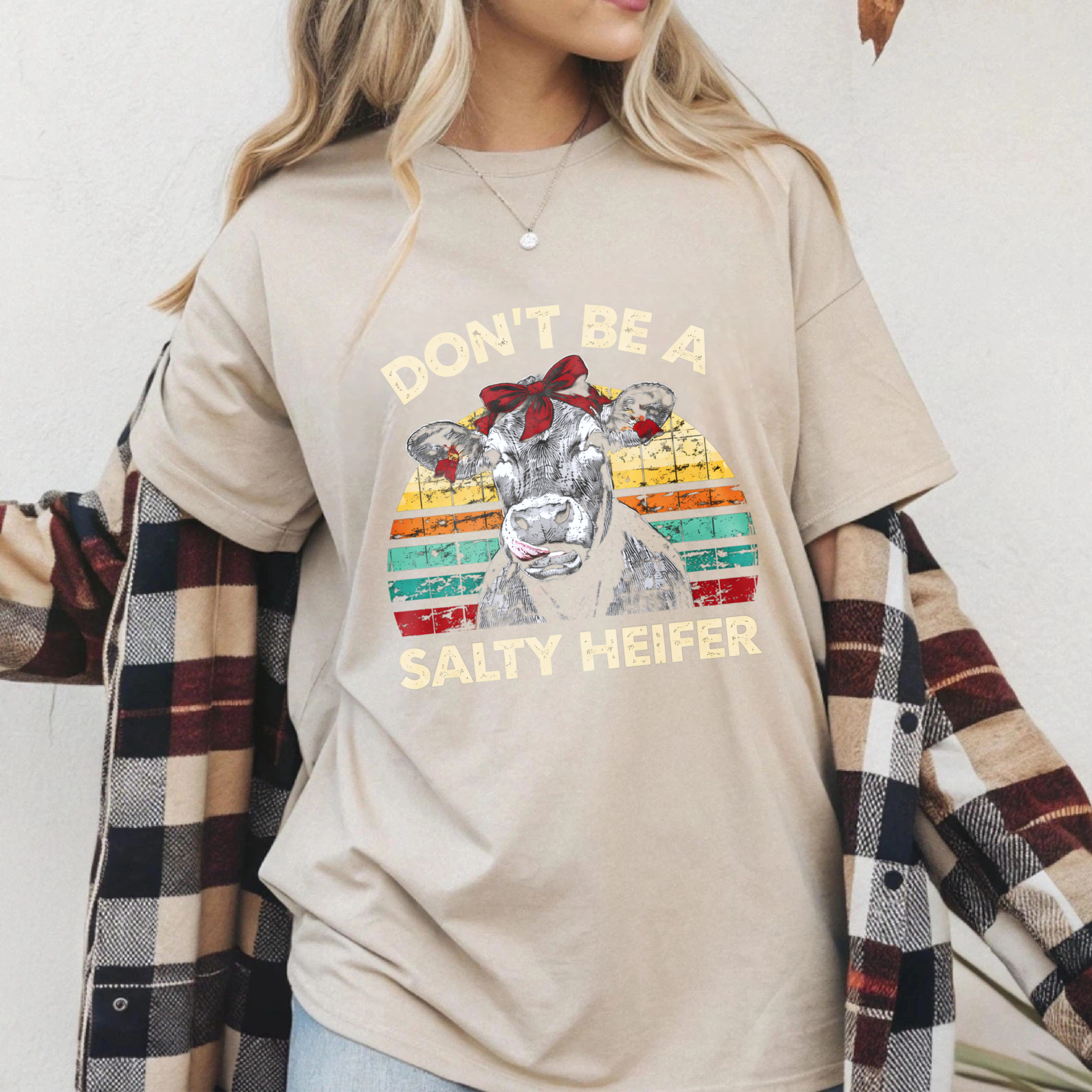 TEECURENT Dont Be A Salty Heifer Vintage Cow Graphic T-Shirt Funny Farm Animal Humor Shirt WOMEN