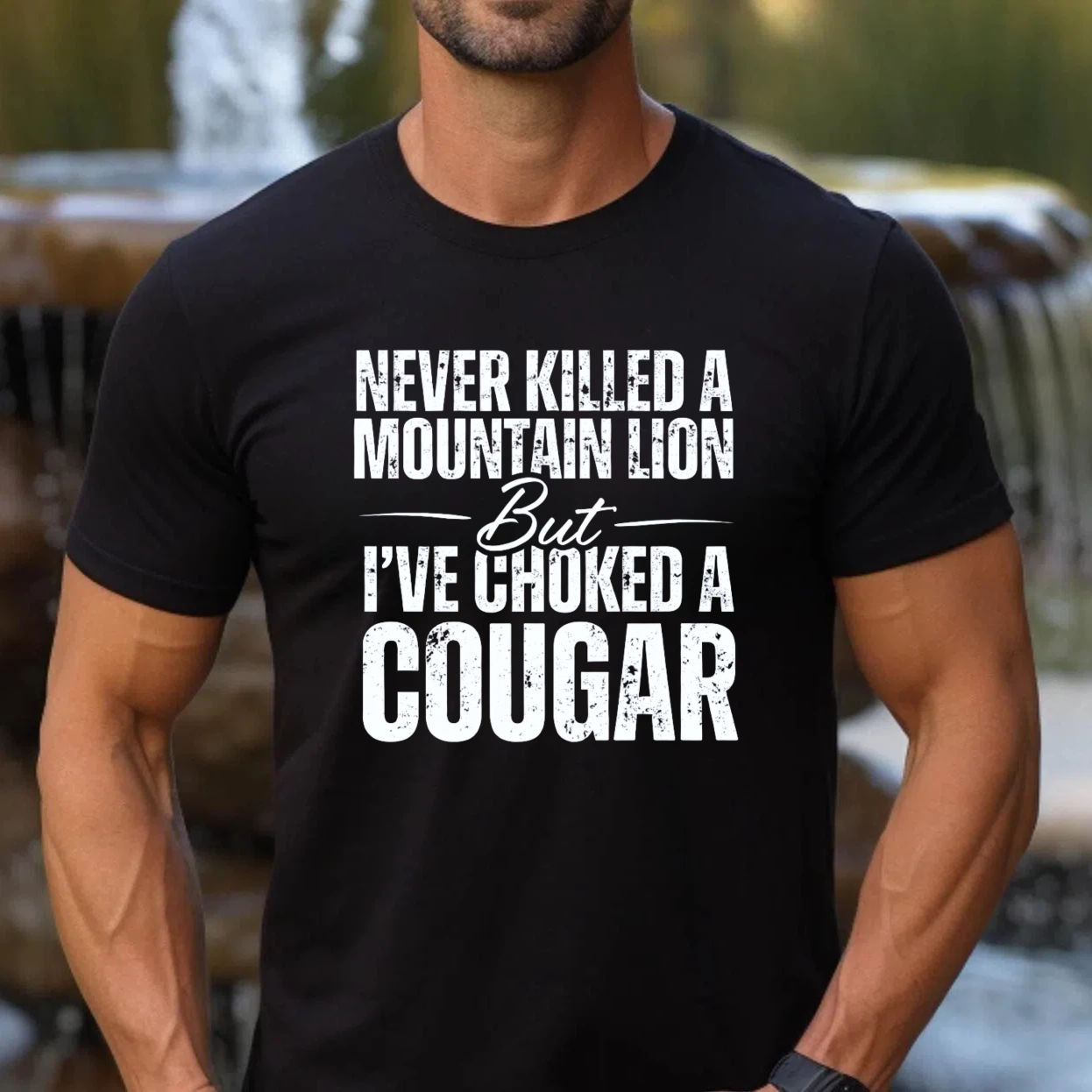 TEECURENT Never Killed A Mountain Lion But Ive Choked A Cougar T Shirt Funny Hunting Humor Gift For Men Women Outdoor Adventure Wear