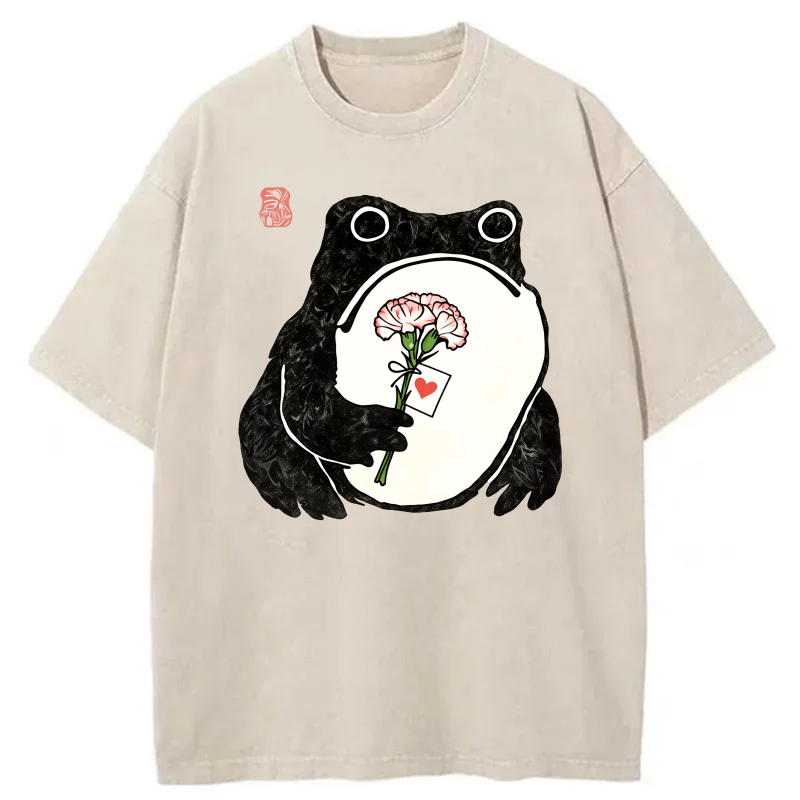 Frog Holding Flower With Heart Tag tshirt 100% cotton