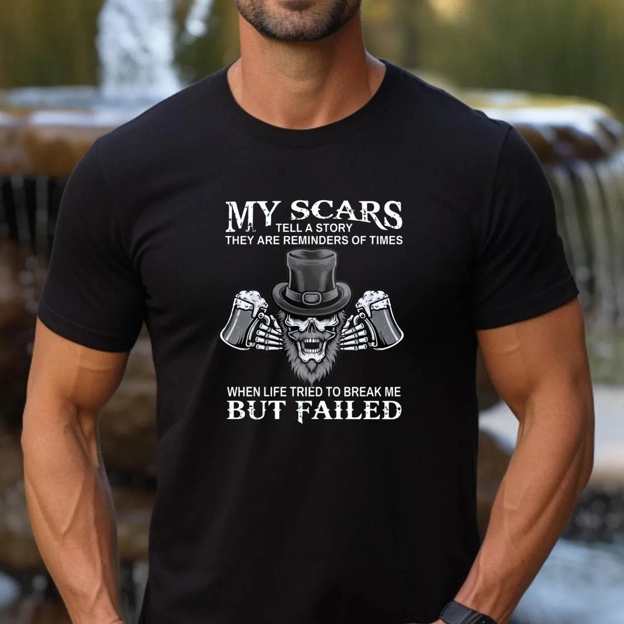 TEECURENT My Scars Tell A Story They Are Reminders Of Times When Life Tried To Break Me But Failed T Shirt With Skull And Beer Design