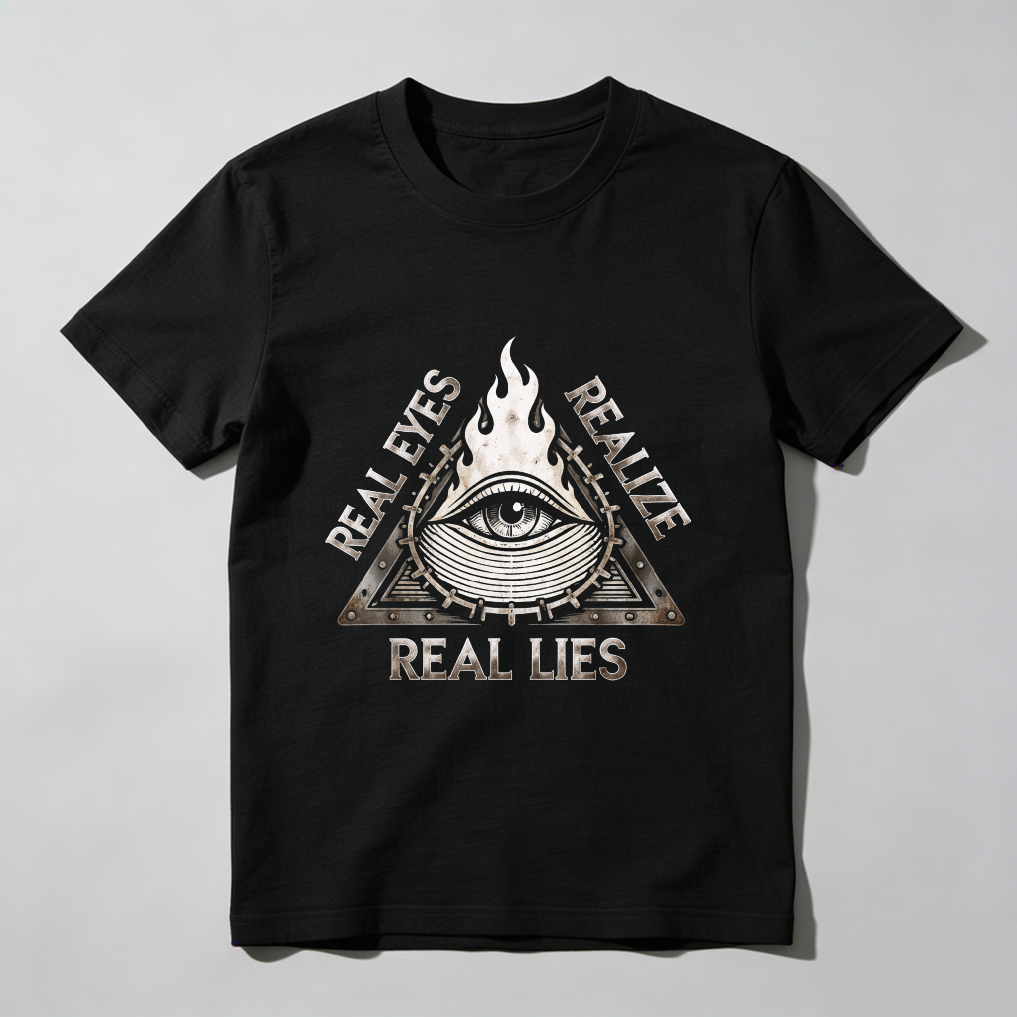 TEECURENT  Real Eyes Realize Real Lies Eye In Triangle With Flame TEECURENT