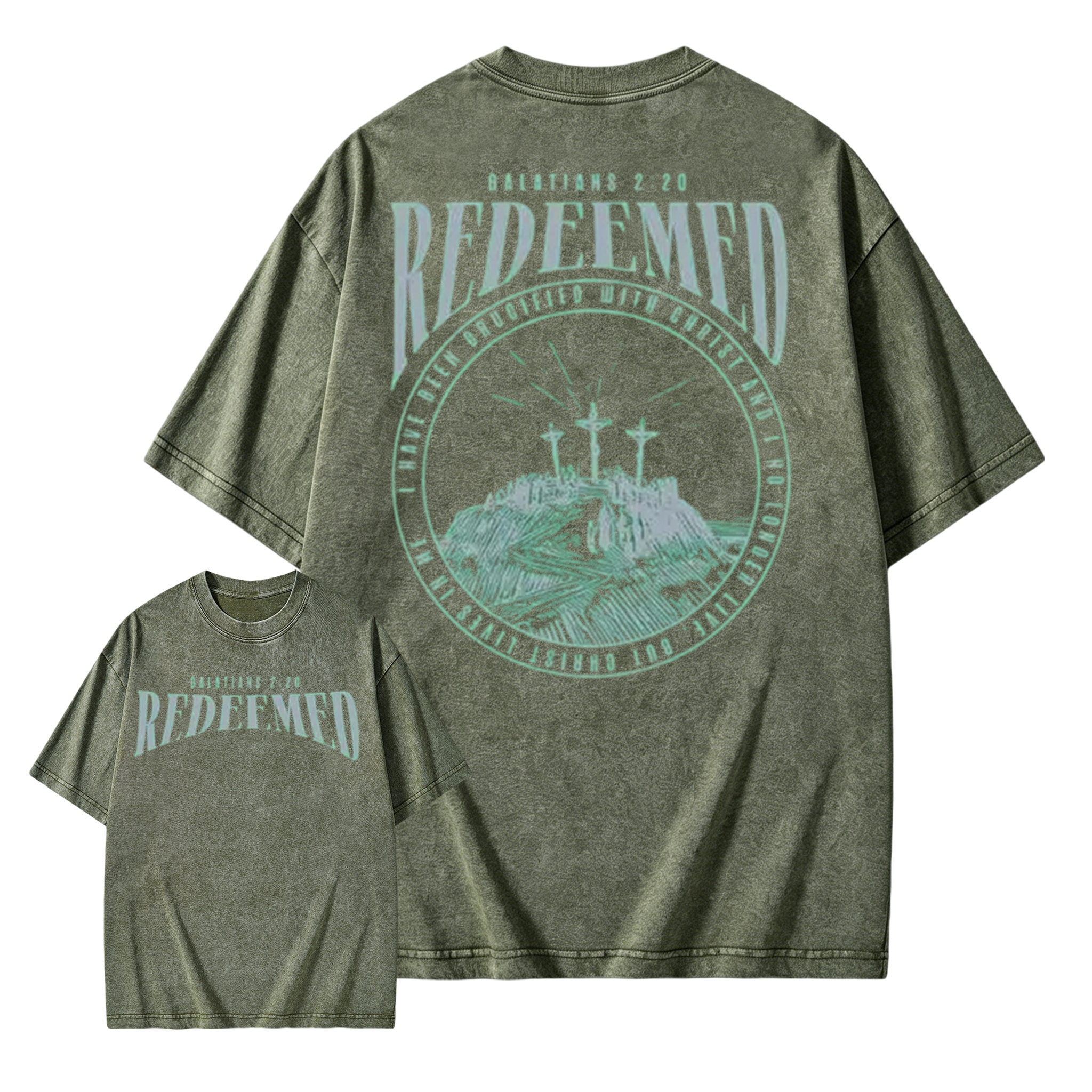Washed Short Sleeved Double-Sided Printed T-Shirt, 100% Pure Cotton, Printed With "Redemption Christianity". Retro Hip-Hop Style
