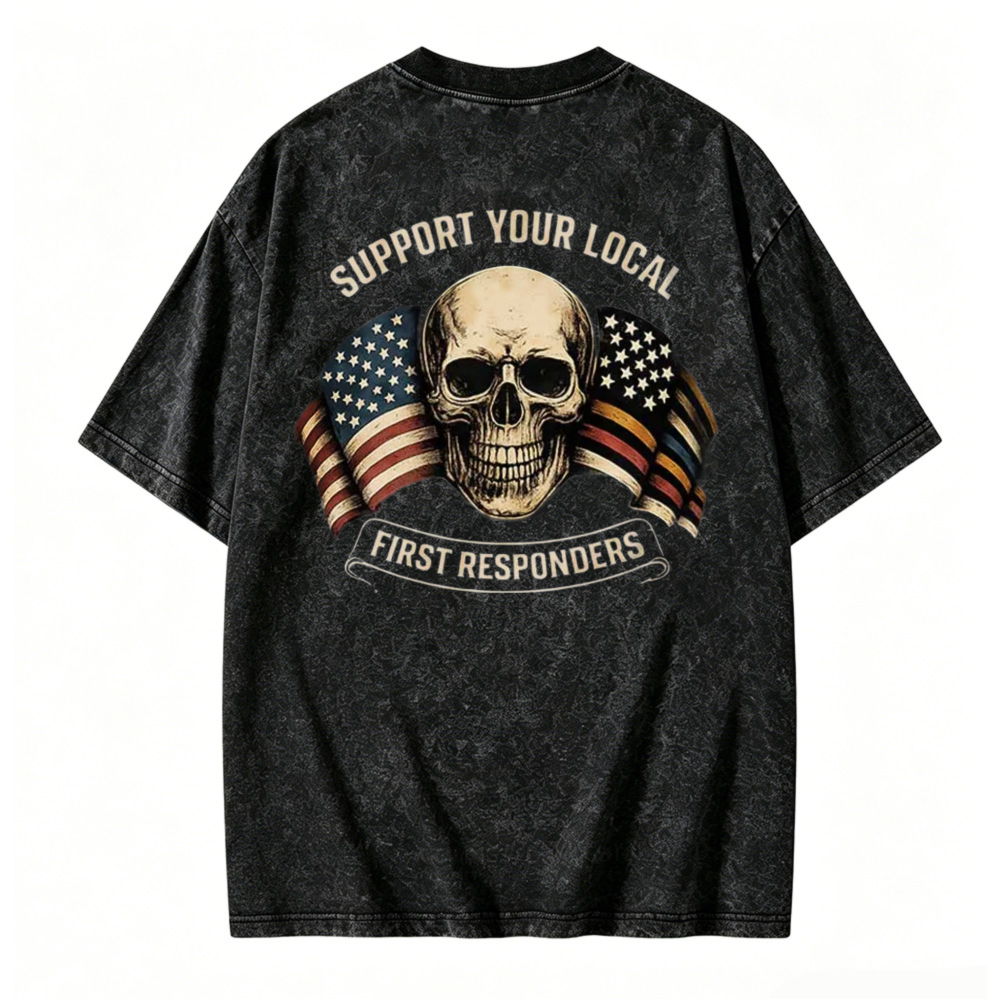 Support Your Local First Responders Skull American Flag Washed T-shirt