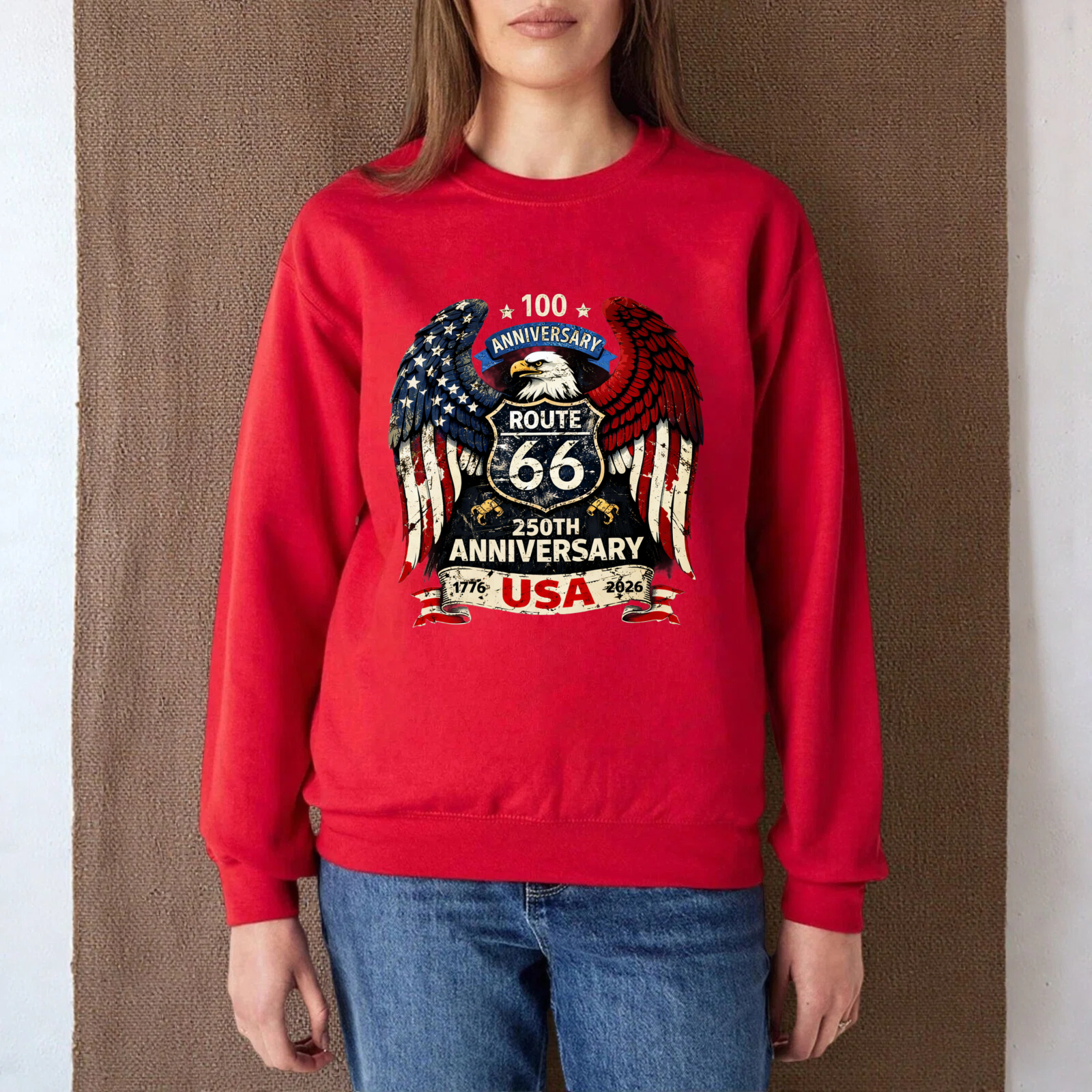 Route 66 100th Anniversary Usa 250th Anniversary Eagle American Flag Sweatshirt