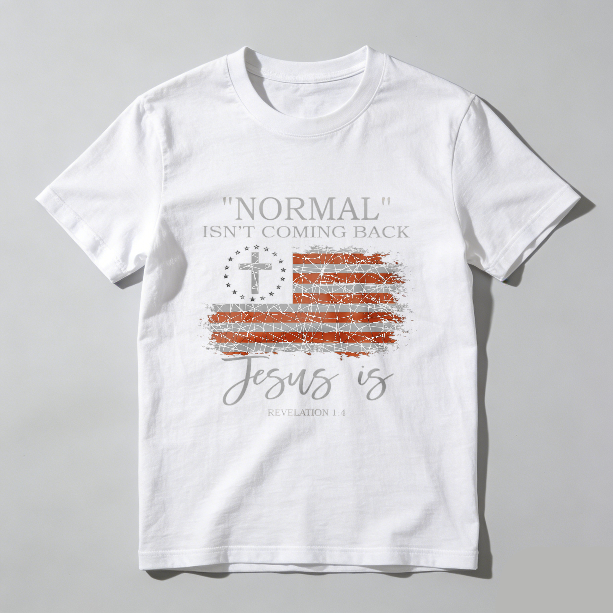 TEECURENT Normal Isnt Coming Back Jesus Is Revelation 14 American Flag Cross Christian T Shirt WOMEN