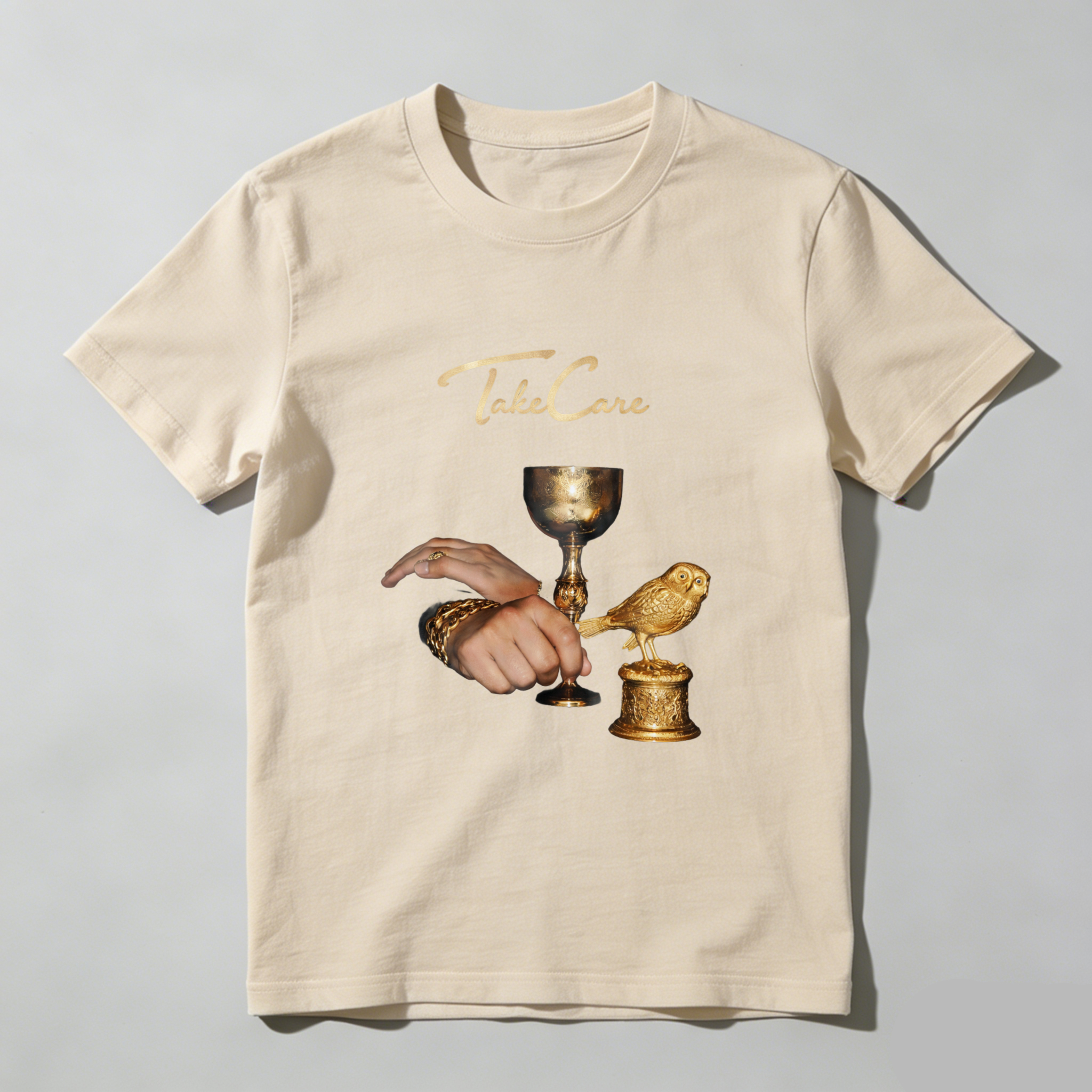 TEECURENT Take Care Golden Bird And Chalice Design T Shirt Men Women Fashion Casual Wear Artistic Statement Graphic Tee