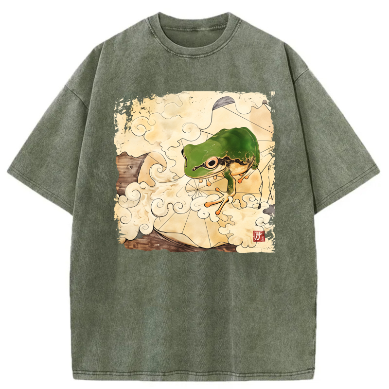 Frog On Clouds With Traditional Art Style tshirt 100% cotton