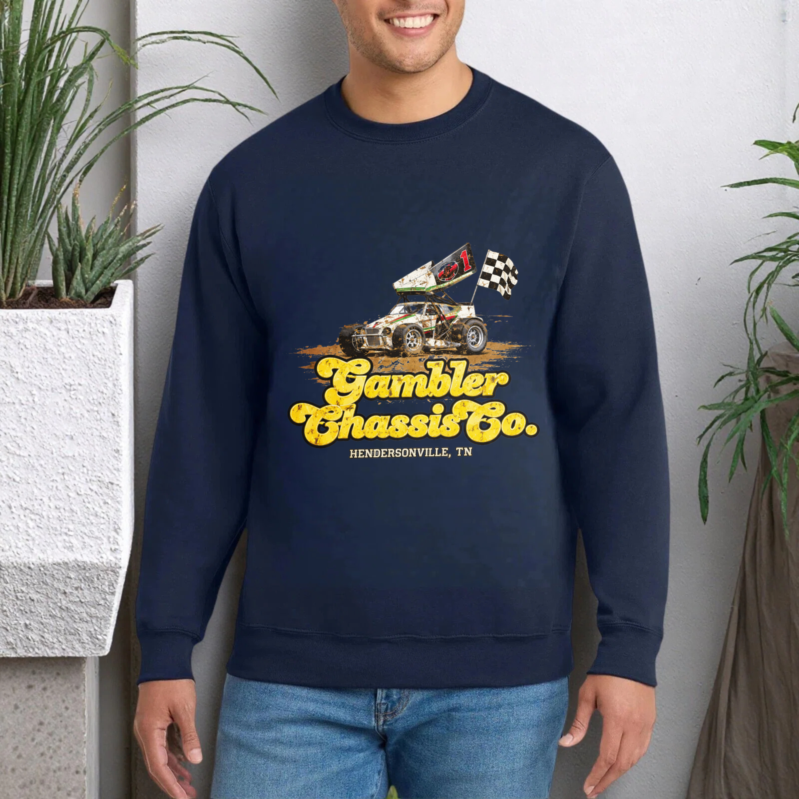 TEECURENT Gambler Chassis Co Racing Car Sweatshirt Hendersonville Tn Vintage Style Graphic Pullover Black Crewneck Long Sleeve Top