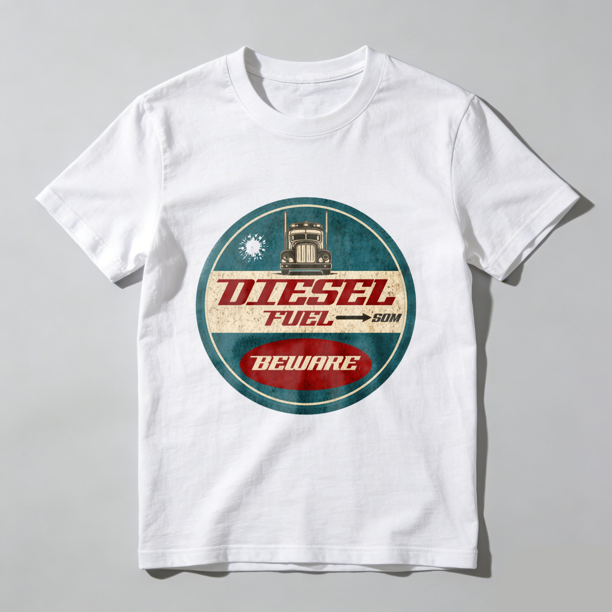 Diesel Fuel Beware Vintage Truck T-Shirt Men's Classic Crewneck Shirt Retro Diesel Engine Design Black Cotton Tee