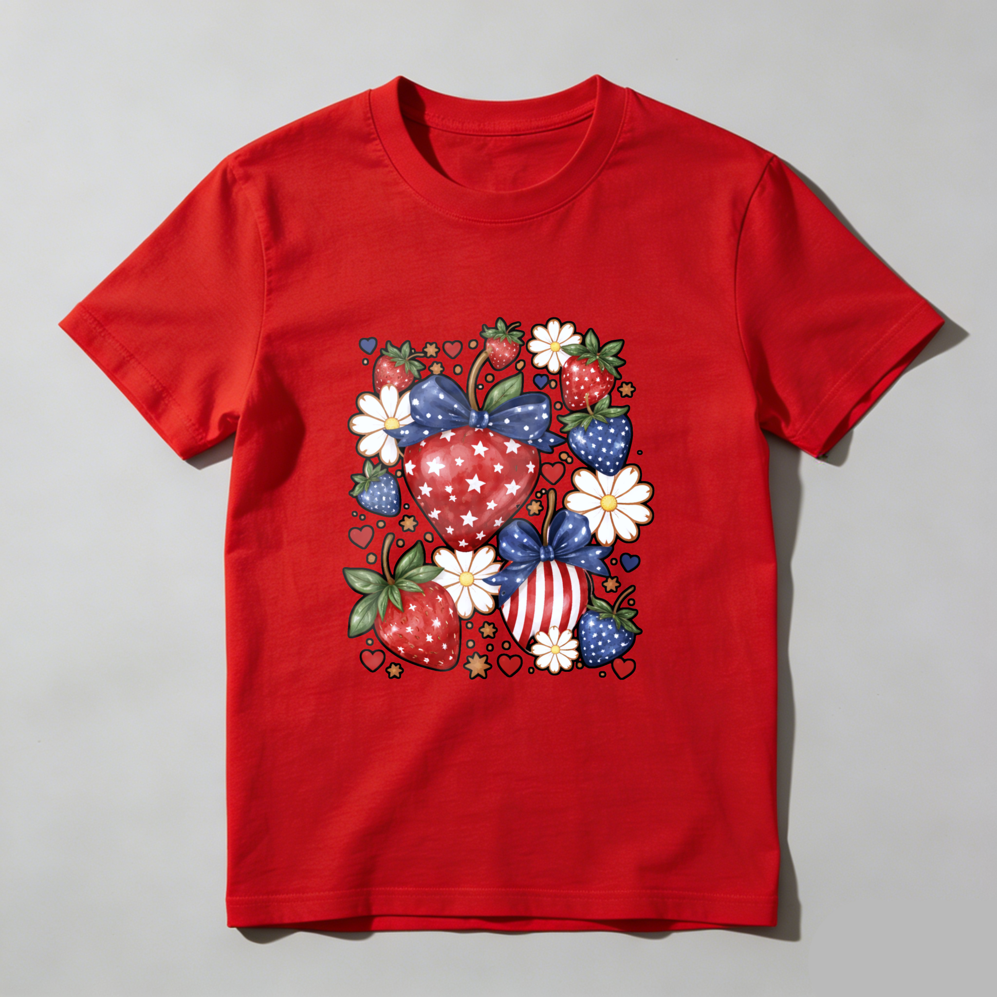 TEECURENT Patriotic Strawberry Heart Design American Flag Theme T Shirt Independence Day Celebration Apparel Red White Blue Stars And Stripes Fruit Pattern Casual Wear For Men Women Unisex Fashion Top WOMEN