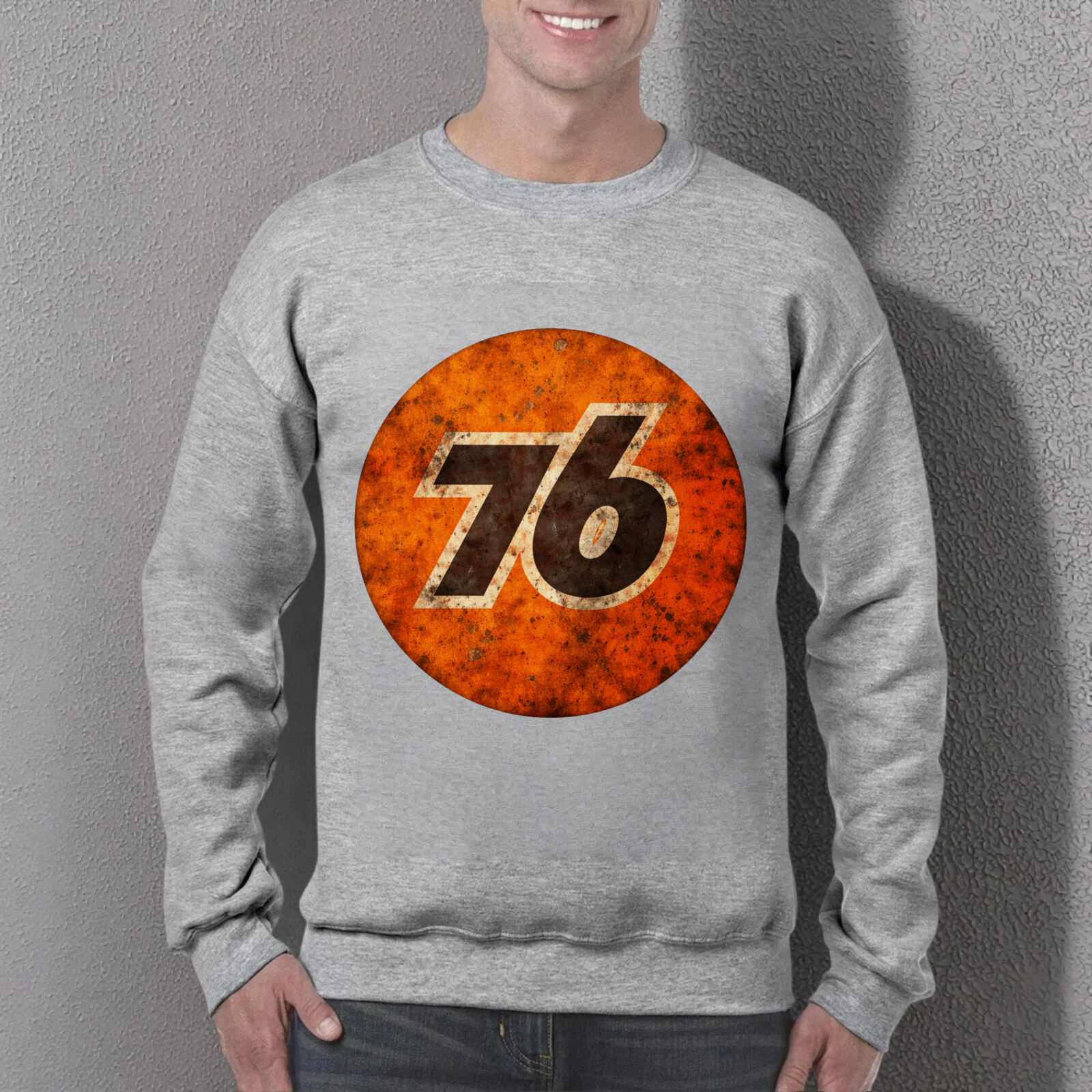 TEECURENT 76 Logo Sweatshirt Black Crewneck Pullover Fashion Graphic Sweatshirt Unisex Casual Wear