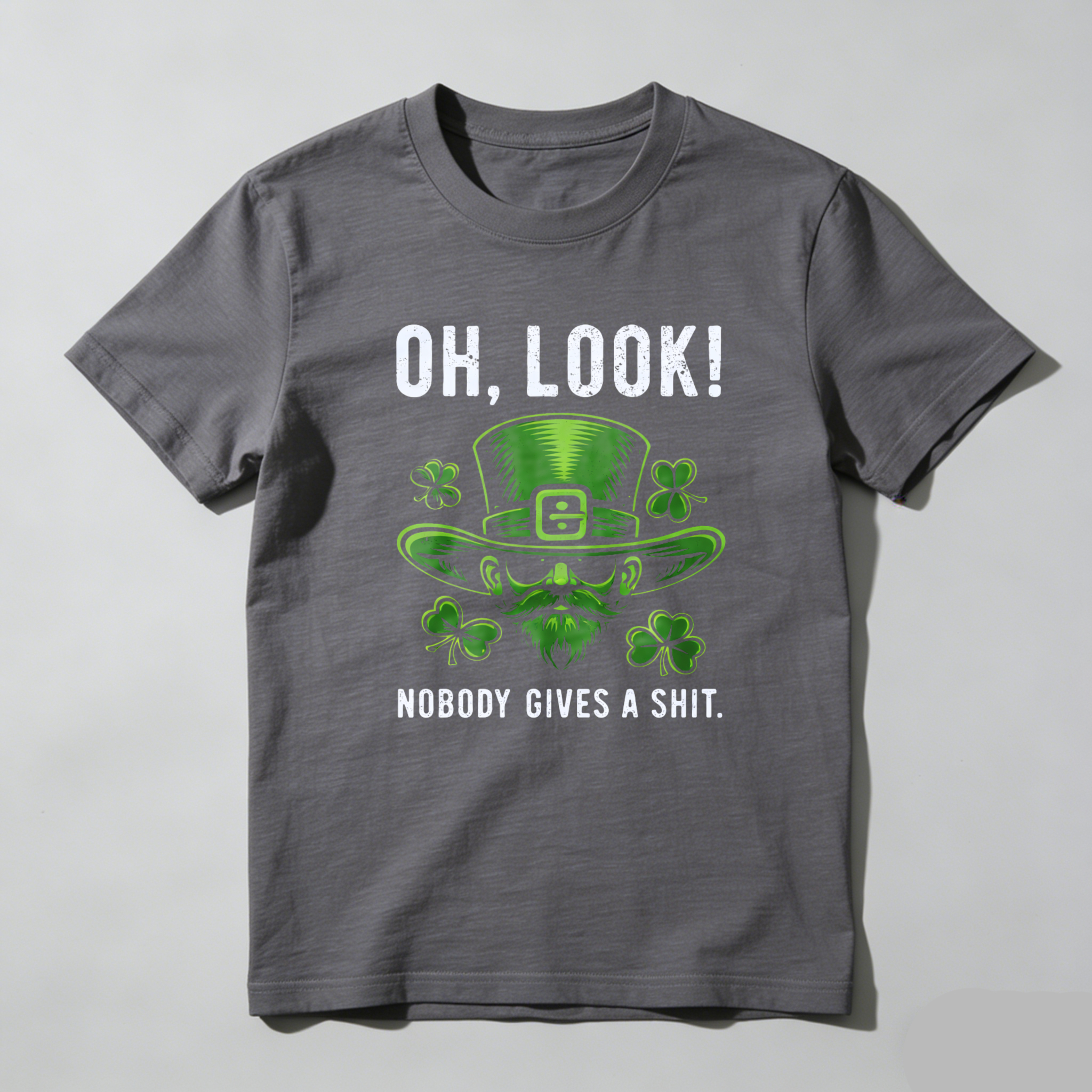 TEECURENT Oh Look Nobody Gives A Shit St Patrick's Day T-Shirt With Leprechaun Hat And Shamrocks Design For Men Women Funny Irish Holiday Shirt