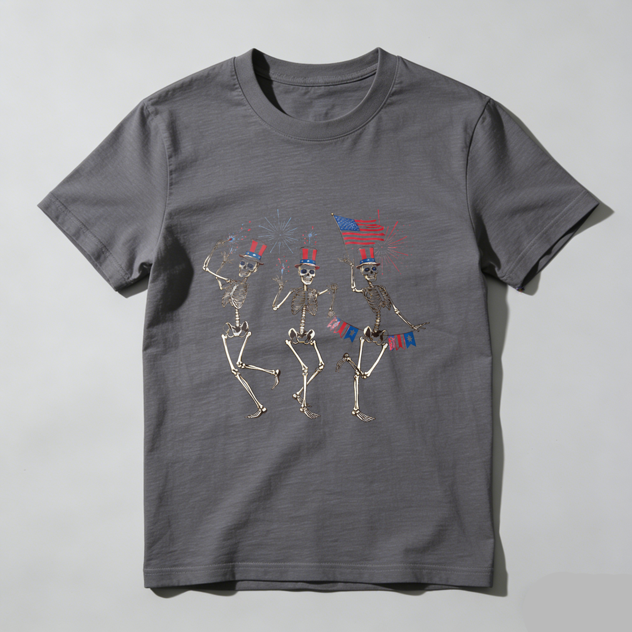 TEECURENT Skeletons Dancing With American Flag And Fireworks Independence Day Patriotic T Shirt WOMEN
