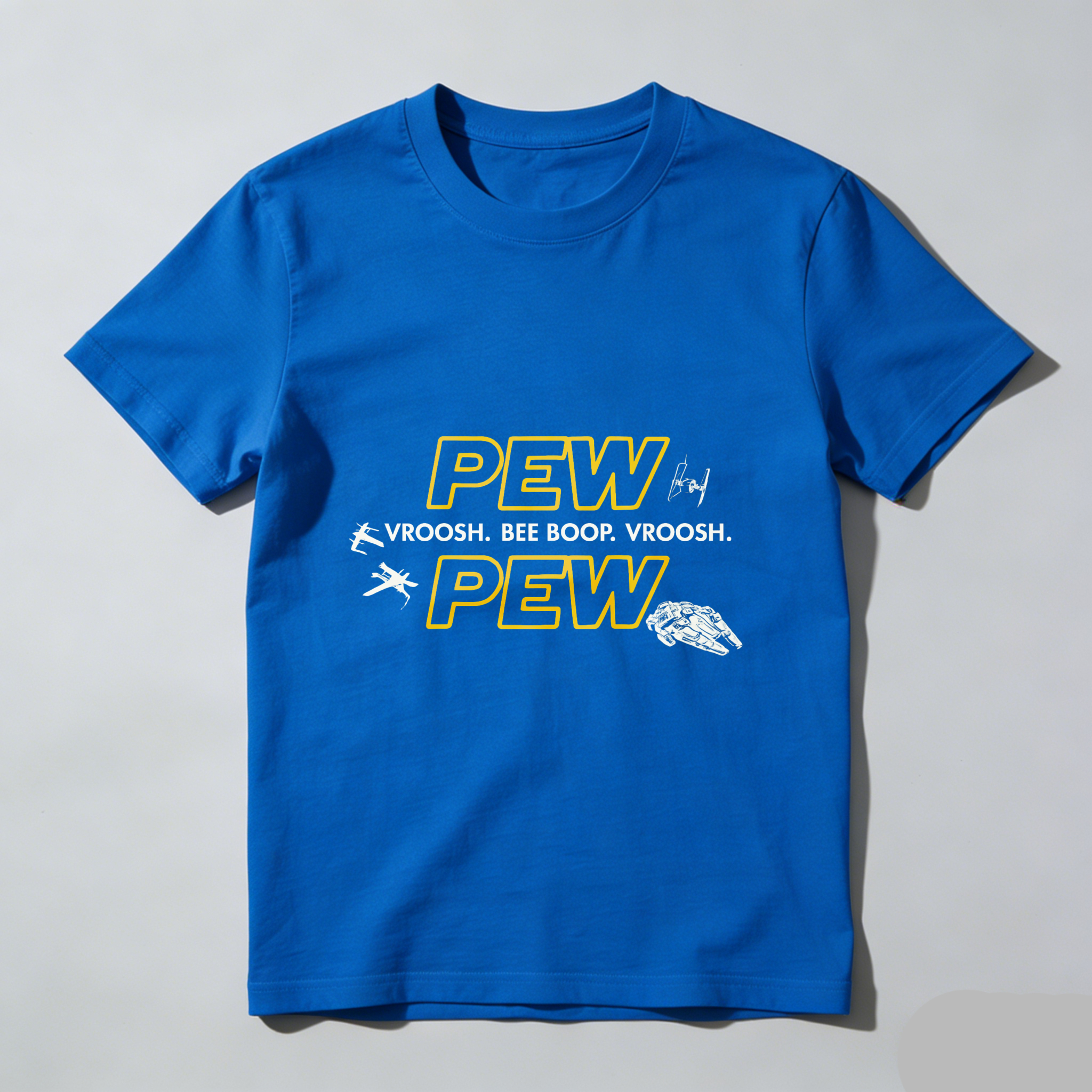 TEECURENT Pew Pew Star Wars Inspired T-Shirt With Spaceship And Sound Effects Design For Fans Of Sci Fi And Pop Culture