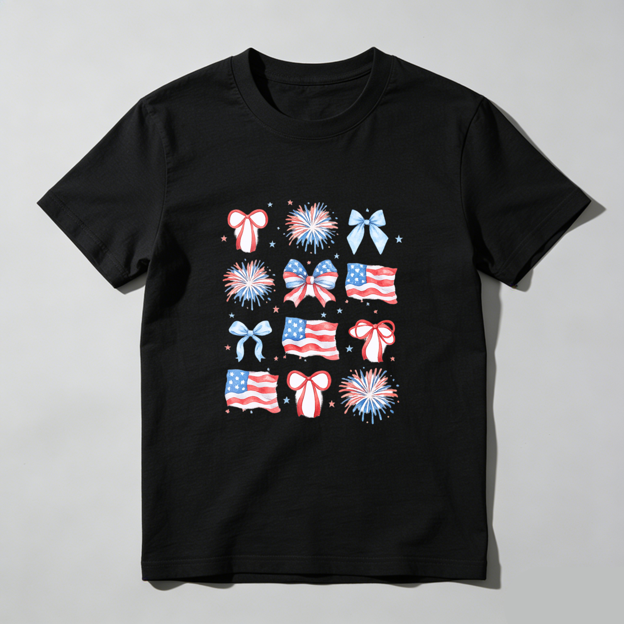 TEECURENT Patriotic American Flag Fireworks Bows And Stars Fourth Of July Independence Day Celebration T Shirt WOMEN